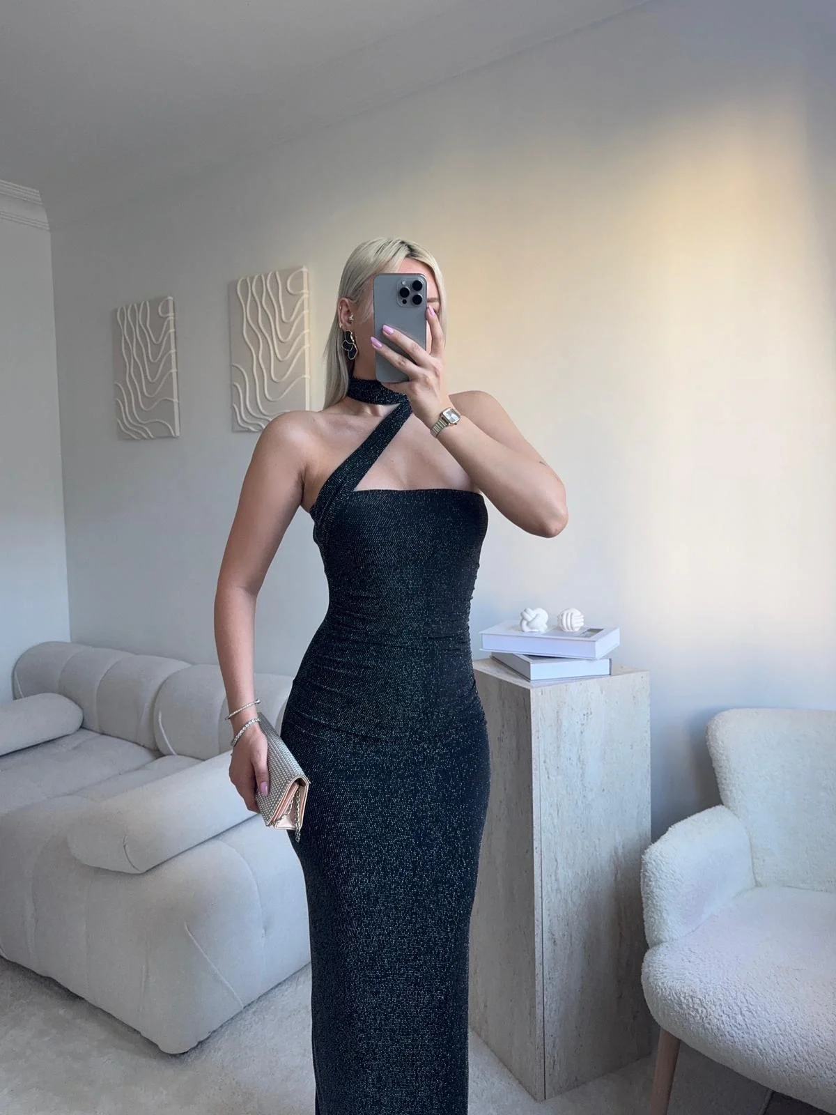 Kuşaklı Straplez Simli Elbise