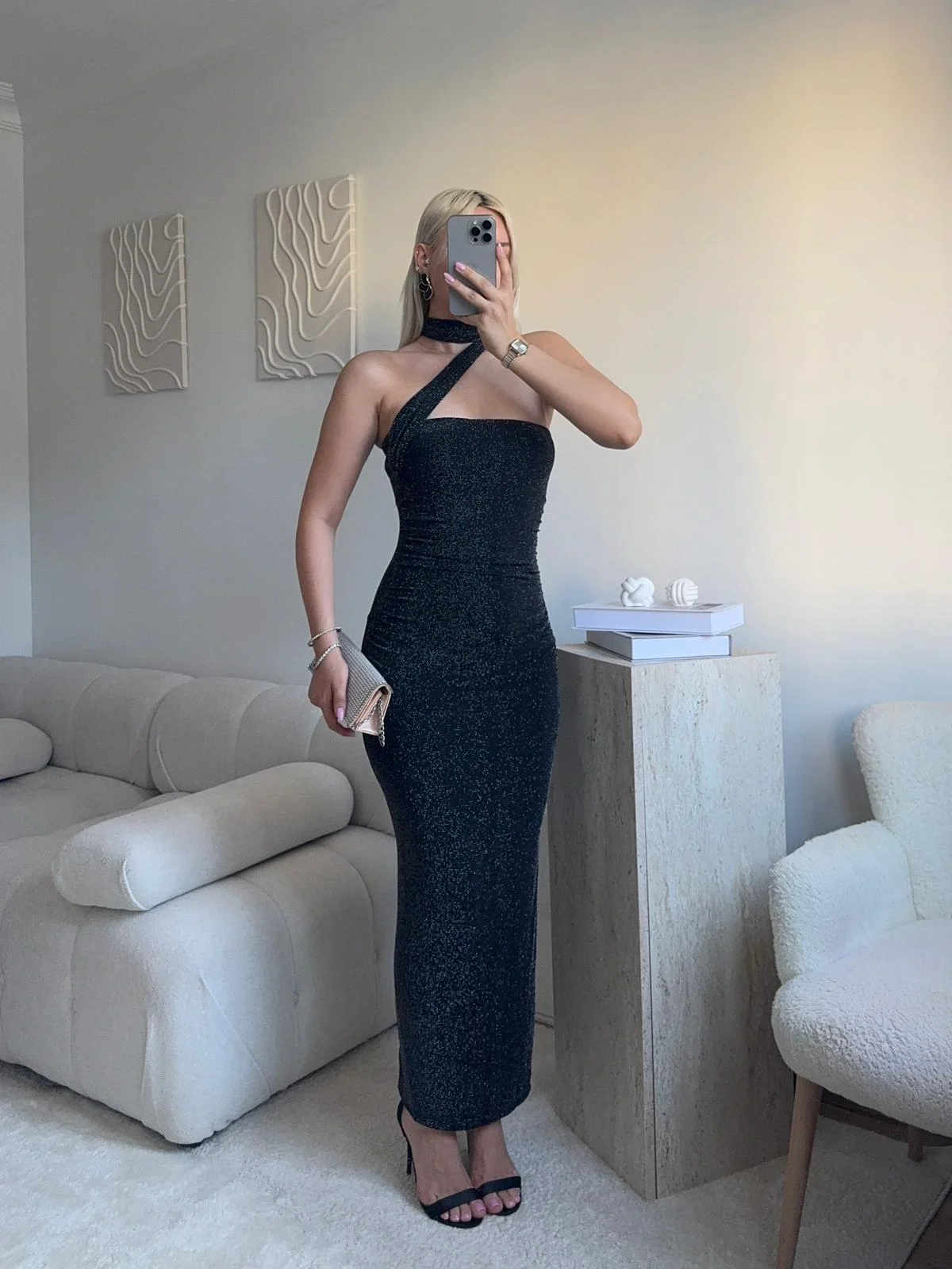 Kuşaklı Straplez Simli Elbise