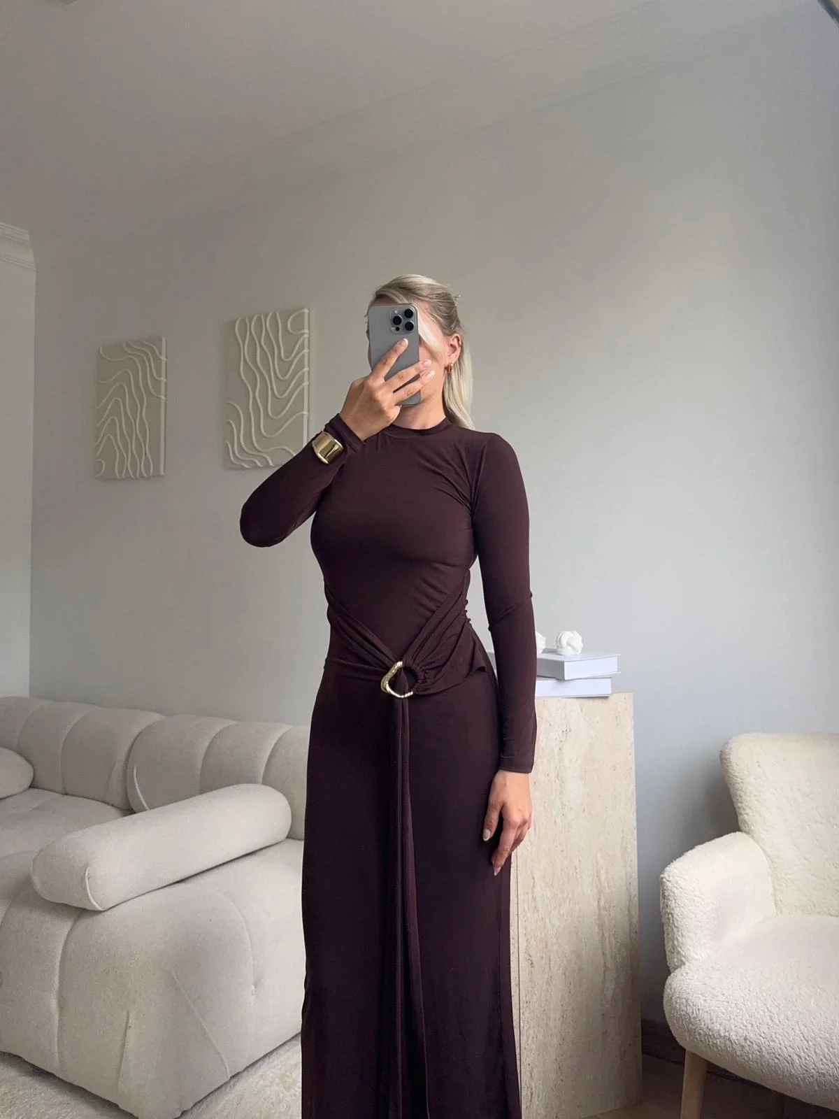 Kuşaklı Toka Detay Elbise - KAHVE