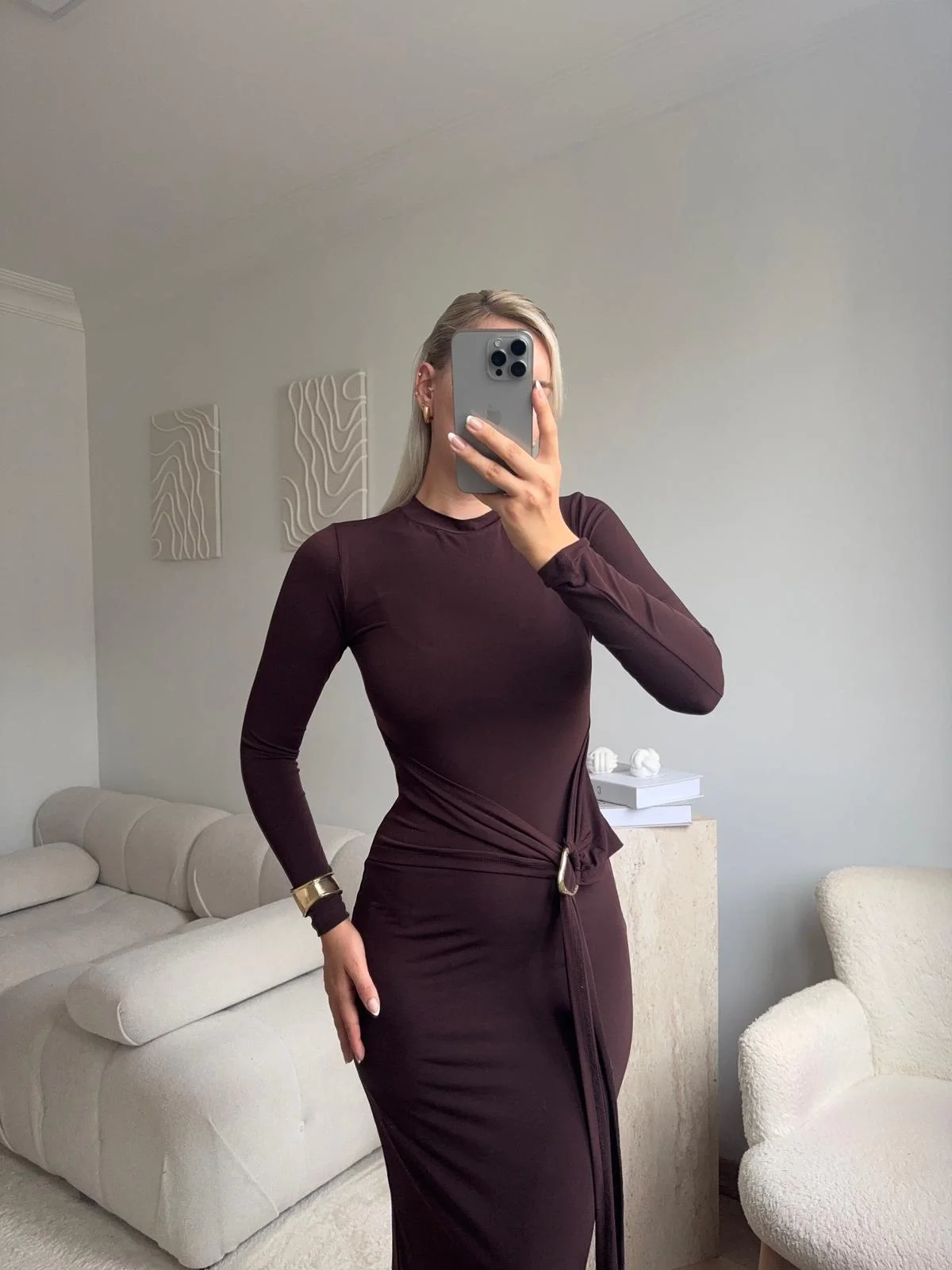 Kuşaklı Toka Detay Elbise - KAHVE