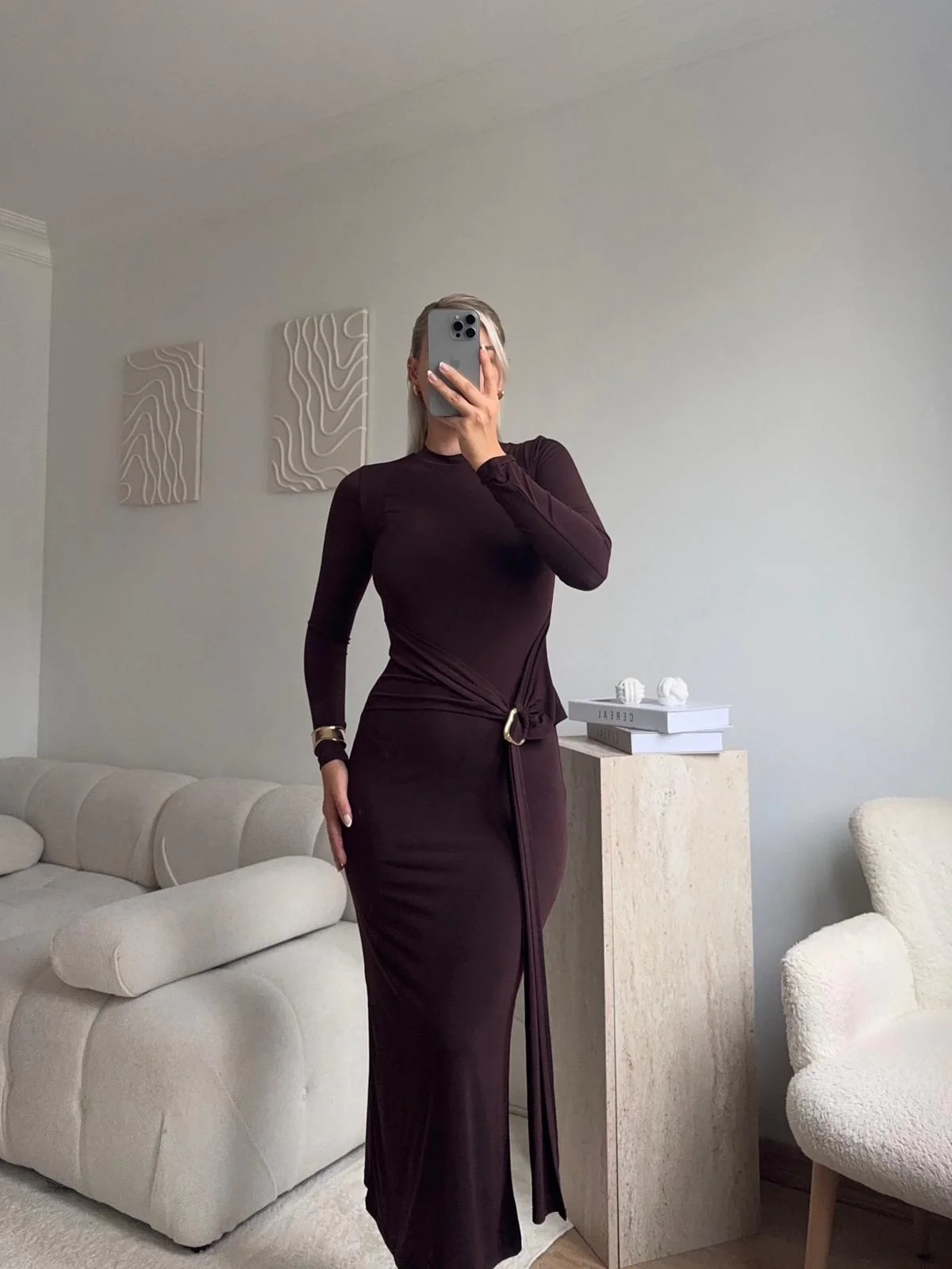 Kuşaklı Toka Detay Elbise - KAHVE