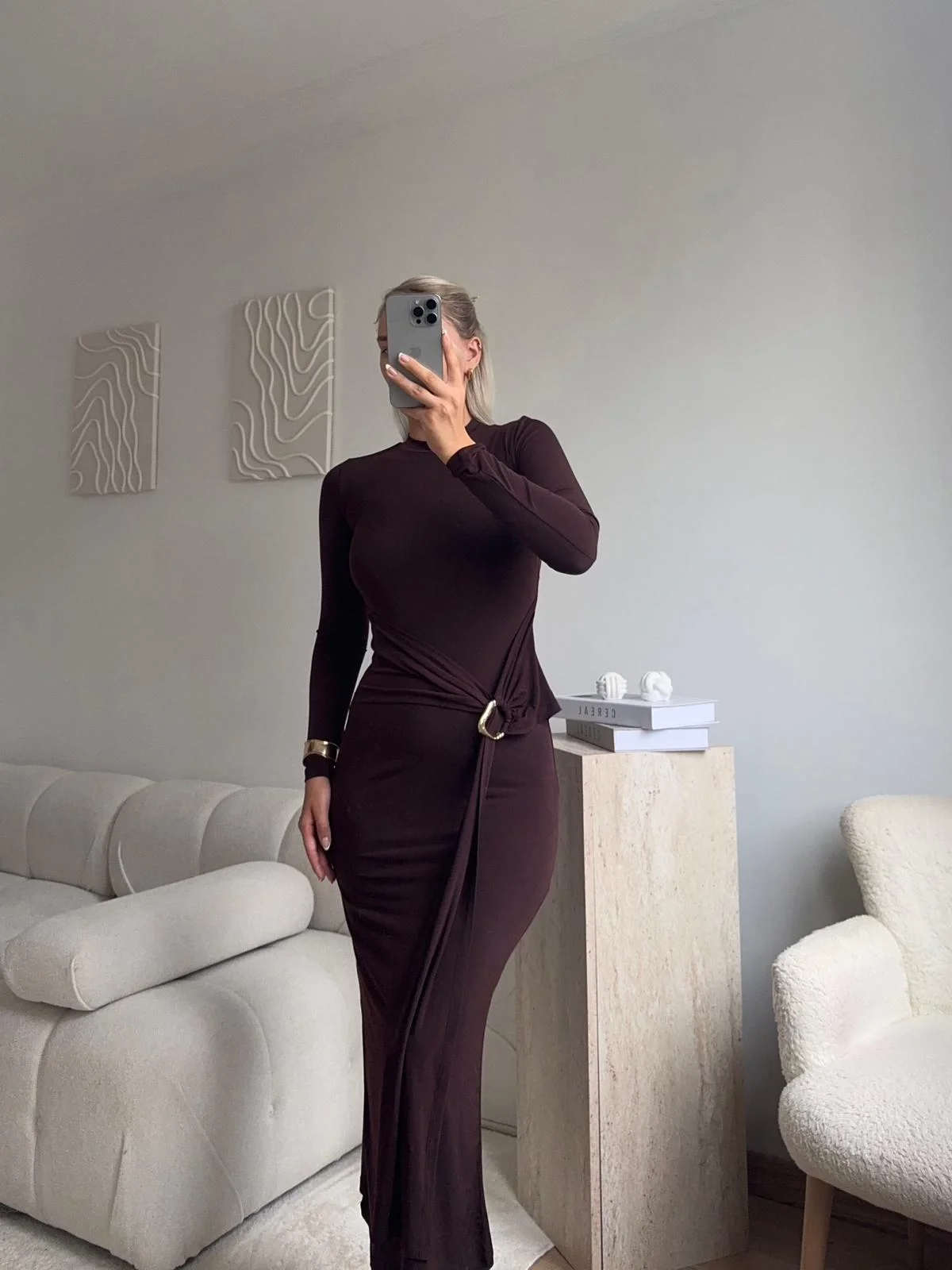 Kuşaklı Toka Detay Elbise - KAHVE