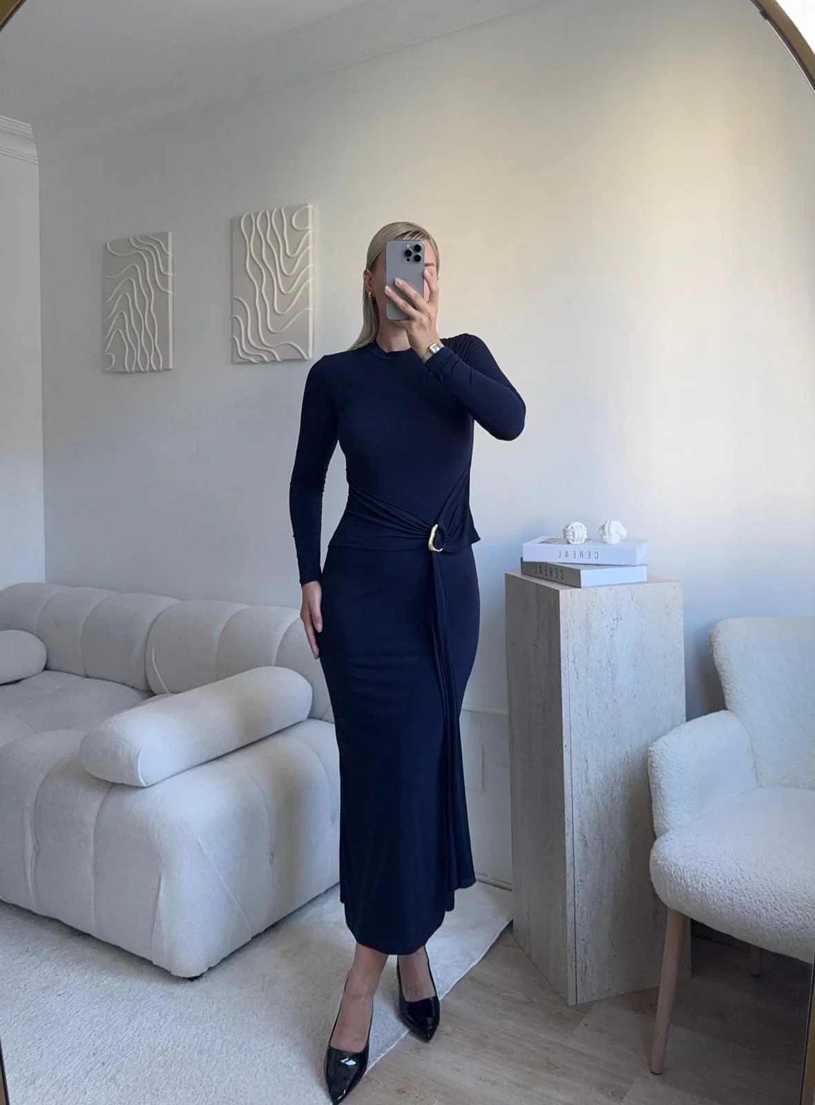 Kuşaklı Toka Detay Elbise - LACİVERT