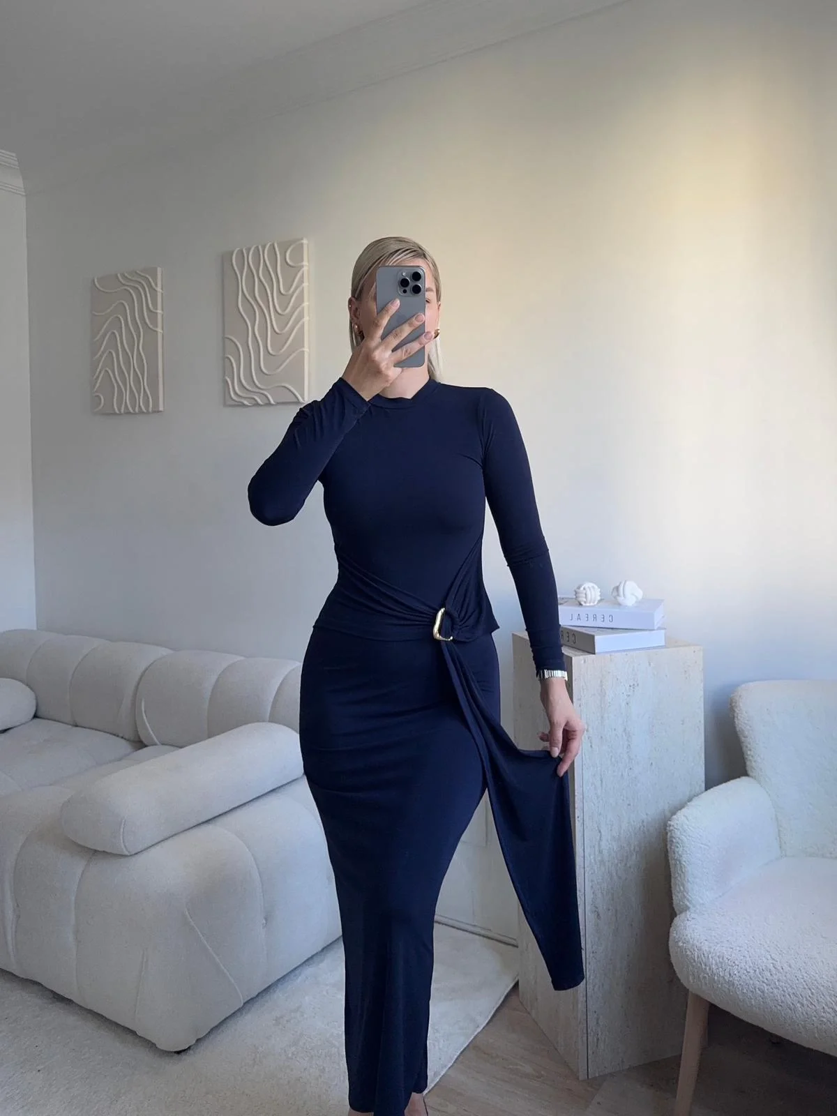 Kuşaklı Toka Detay Elbise - LACİVERT