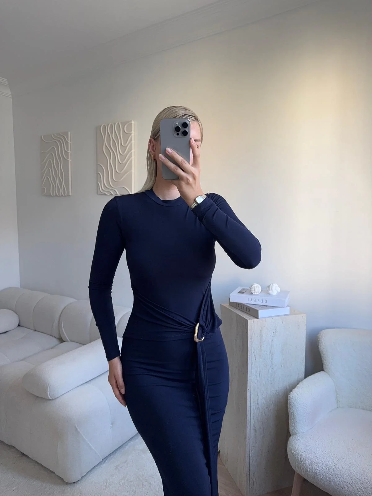 Kuşaklı Toka Detay Elbise - LACİVERT