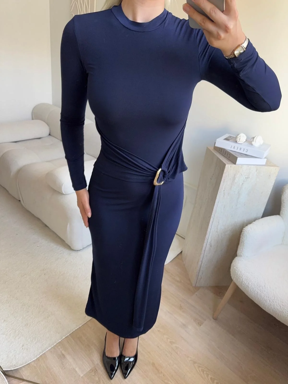 Kuşaklı Toka Detay Elbise - LACİVERT