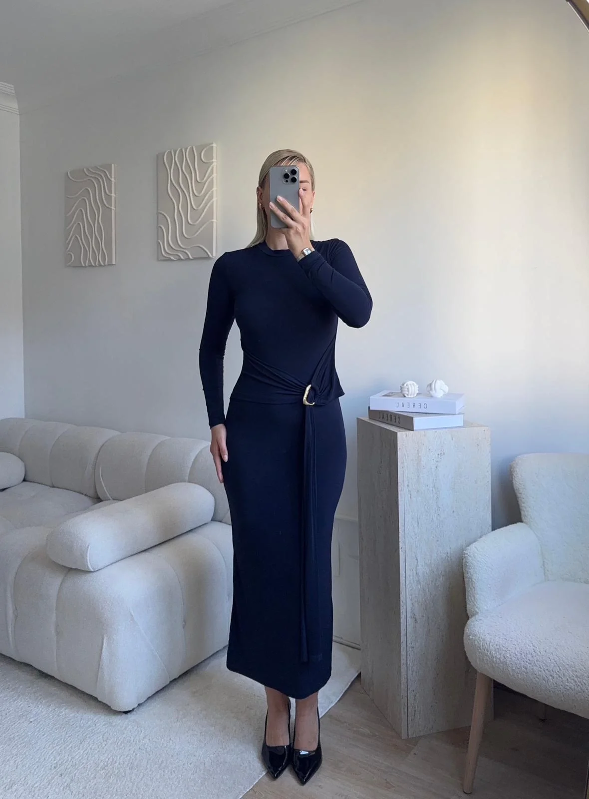 Kuşaklı Toka Detay Elbise - LACİVERT