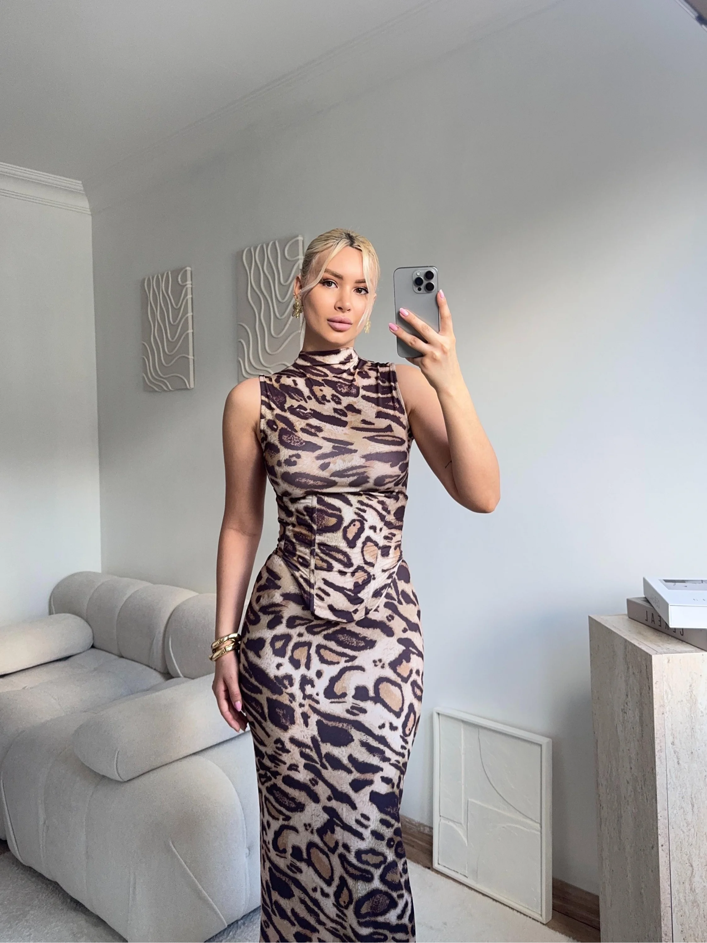 Leopar Desenli Bel Korse Detay Maxi Takım