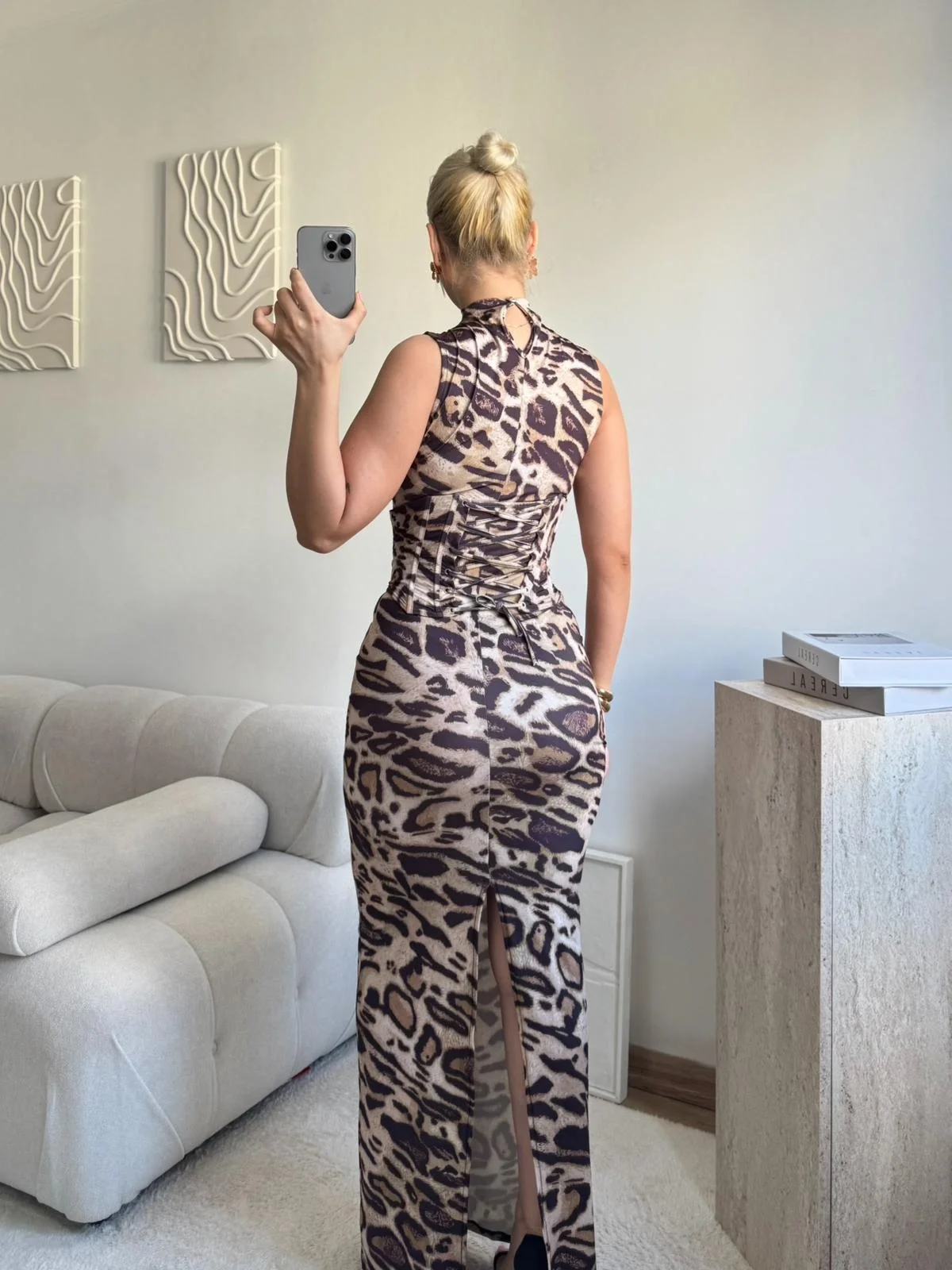 Leopar Desenli Bel Korse Detay Maxi Takım