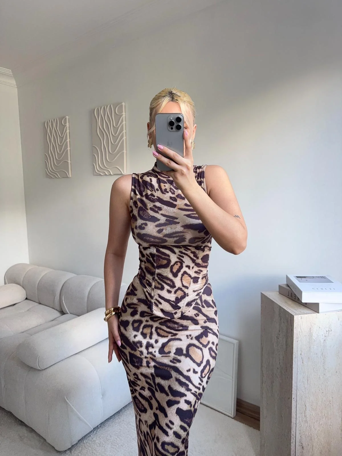 Leopar Desenli Bel Korse Detay Maxi Takım