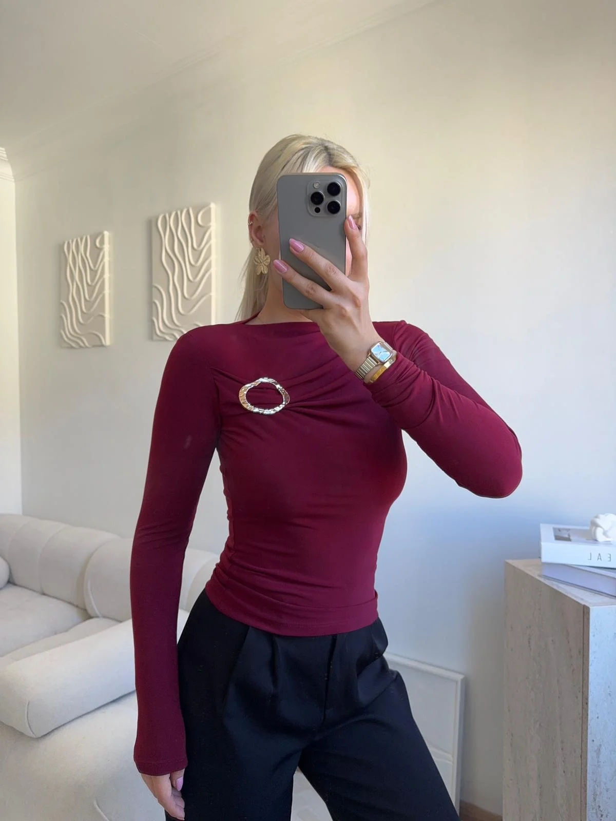 Luna Toka Detaylı Drapeli Bluz - BORDO