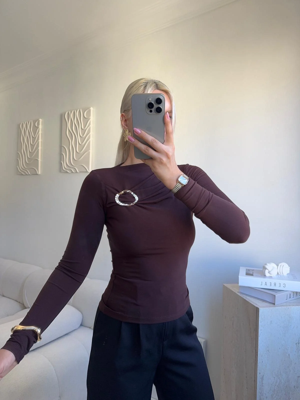 Luna Toka Detaylı Drapeli Bluz - KAHVE