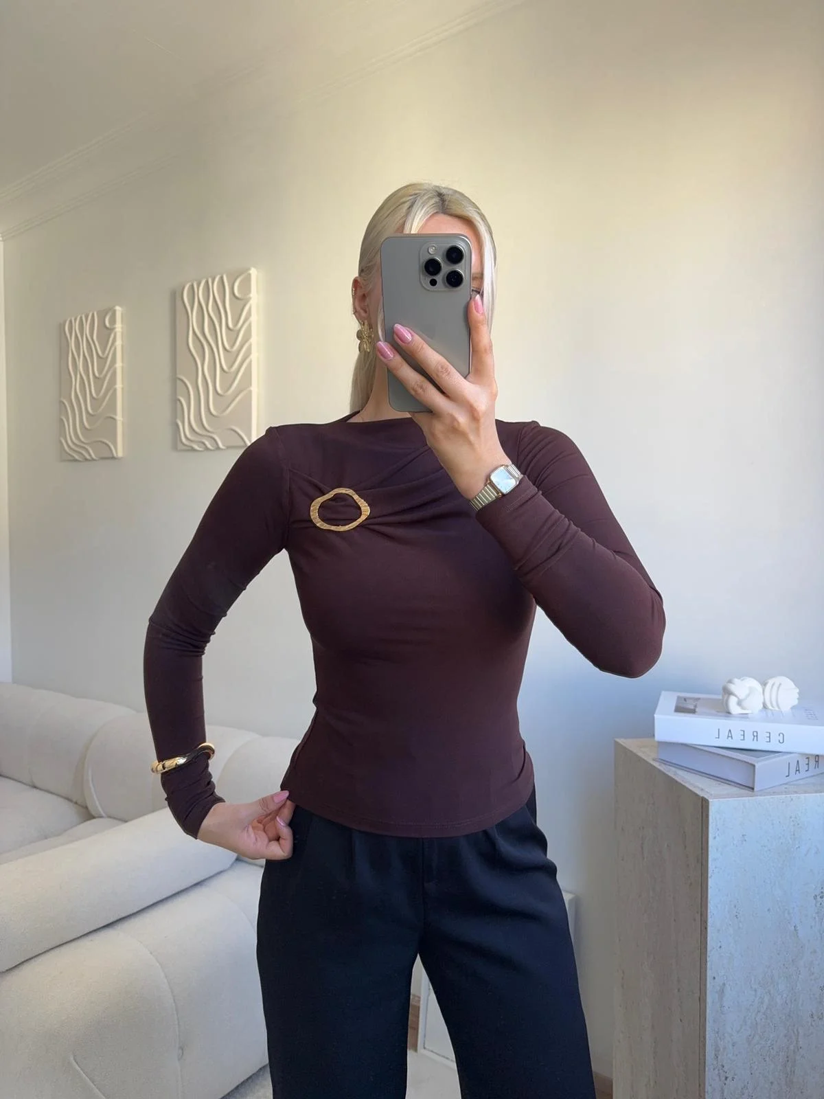 Luna Toka Detaylı Drapeli Bluz - KAHVE