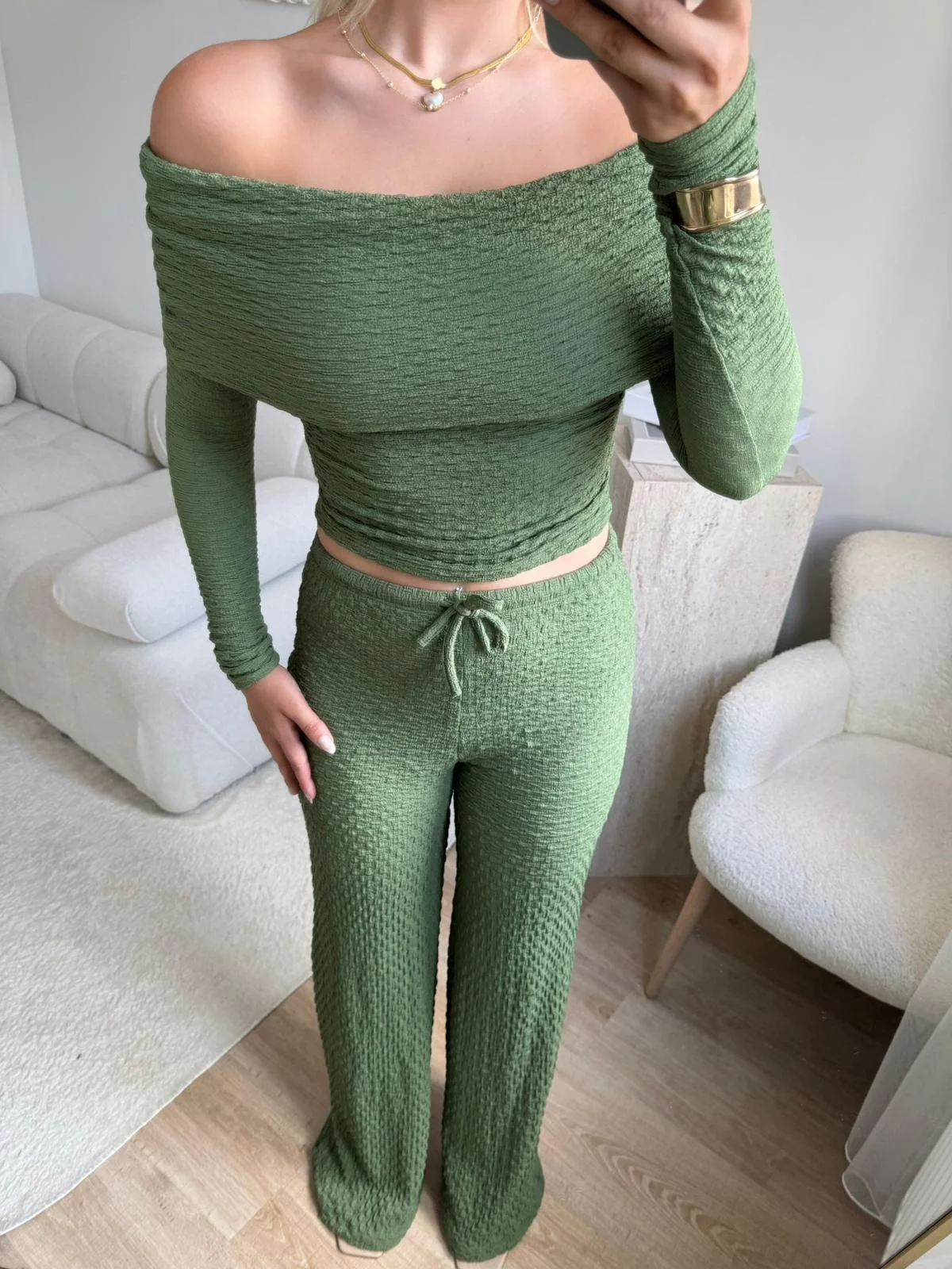 Madonna Yaka Crop & Pantolon Takım - YEŞİL