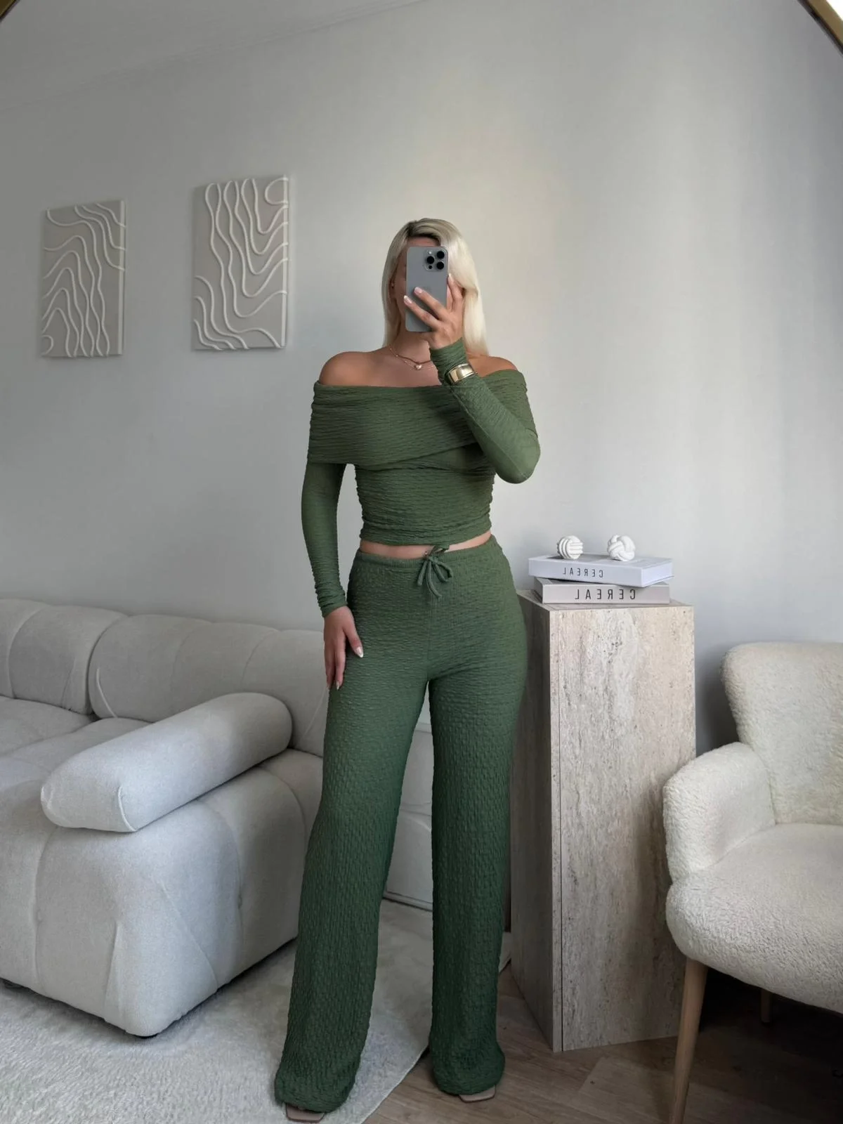 Madonna Yaka Crop & Pantolon Takım - YEŞİL