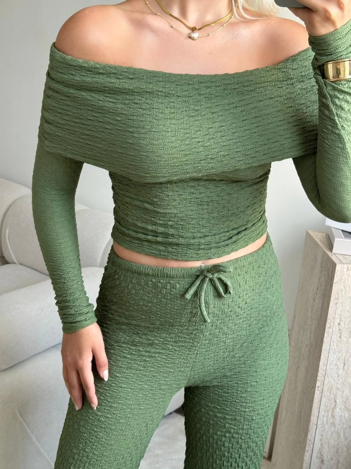 Madonna Yaka Crop & Pantolon Takım - YEŞİL