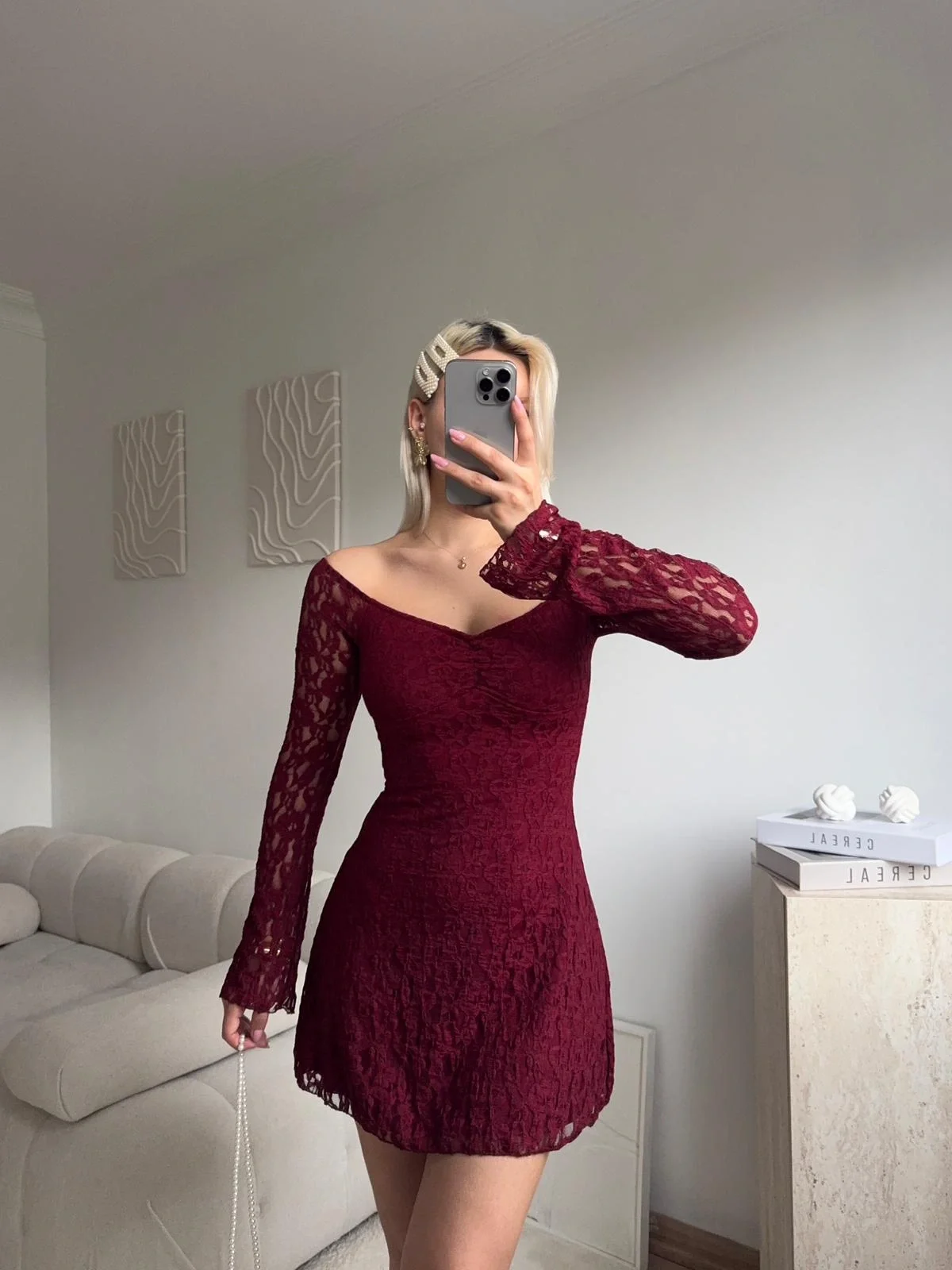 Madonna Yaka Dantel Astarlı Elbise - BORDO