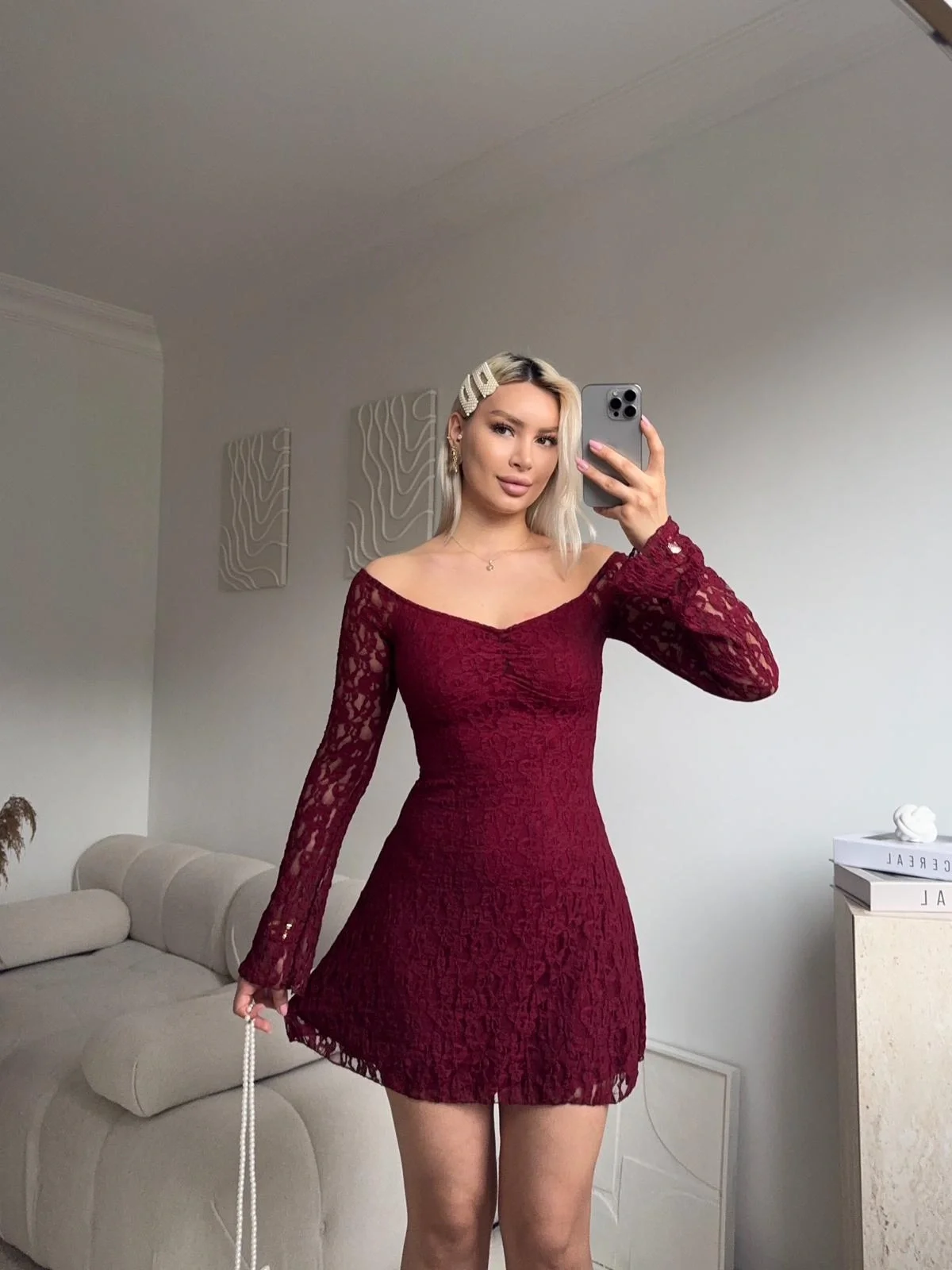 Madonna Yaka Dantel Astarlı Elbise - BORDO