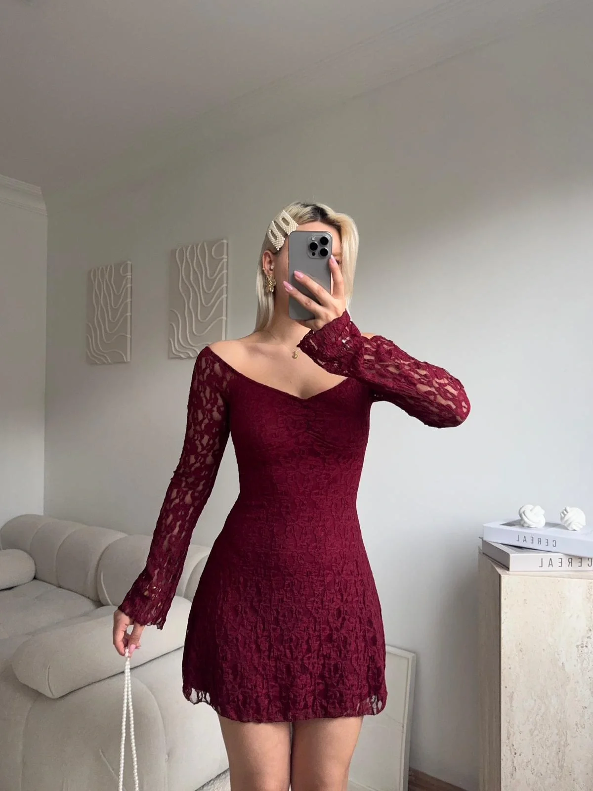 Madonna Yaka Dantel Astarlı Elbise - BORDO