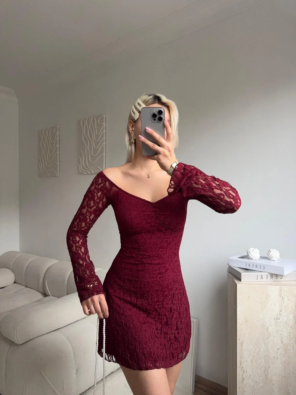 Madonna Yaka Dantel Astarlı Elbise - BORDO