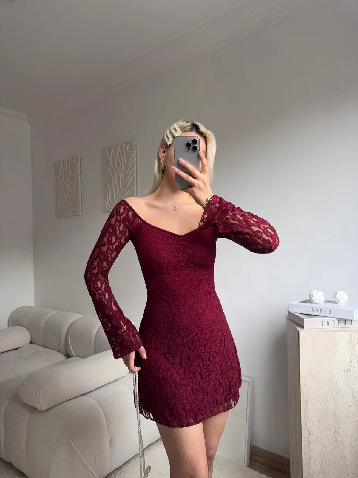 Madonna Yaka Dantel Astarlı Elbise - BORDO