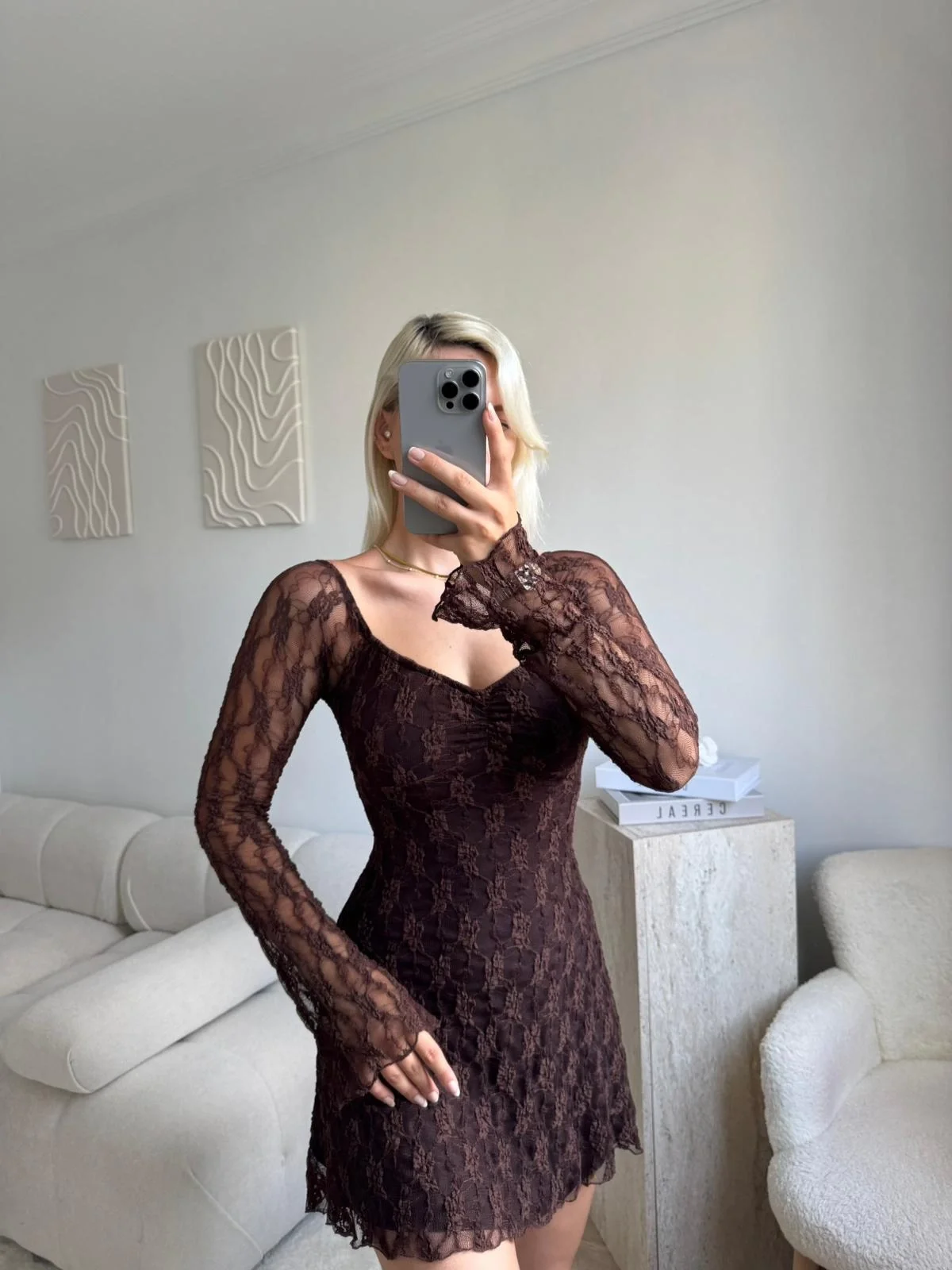 Madonna Yaka Dantel Astarlı Elbise - KAHVE