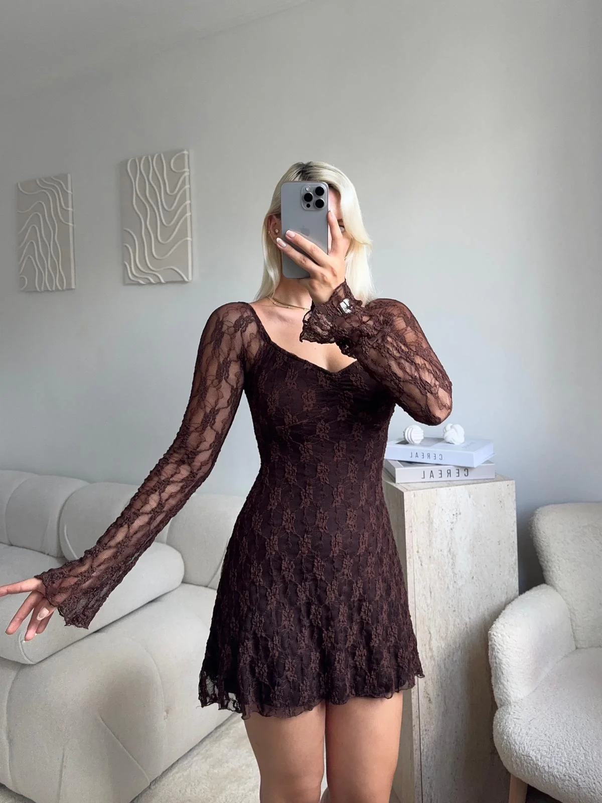 Madonna Yaka Dantel Astarlı Elbise - KAHVE