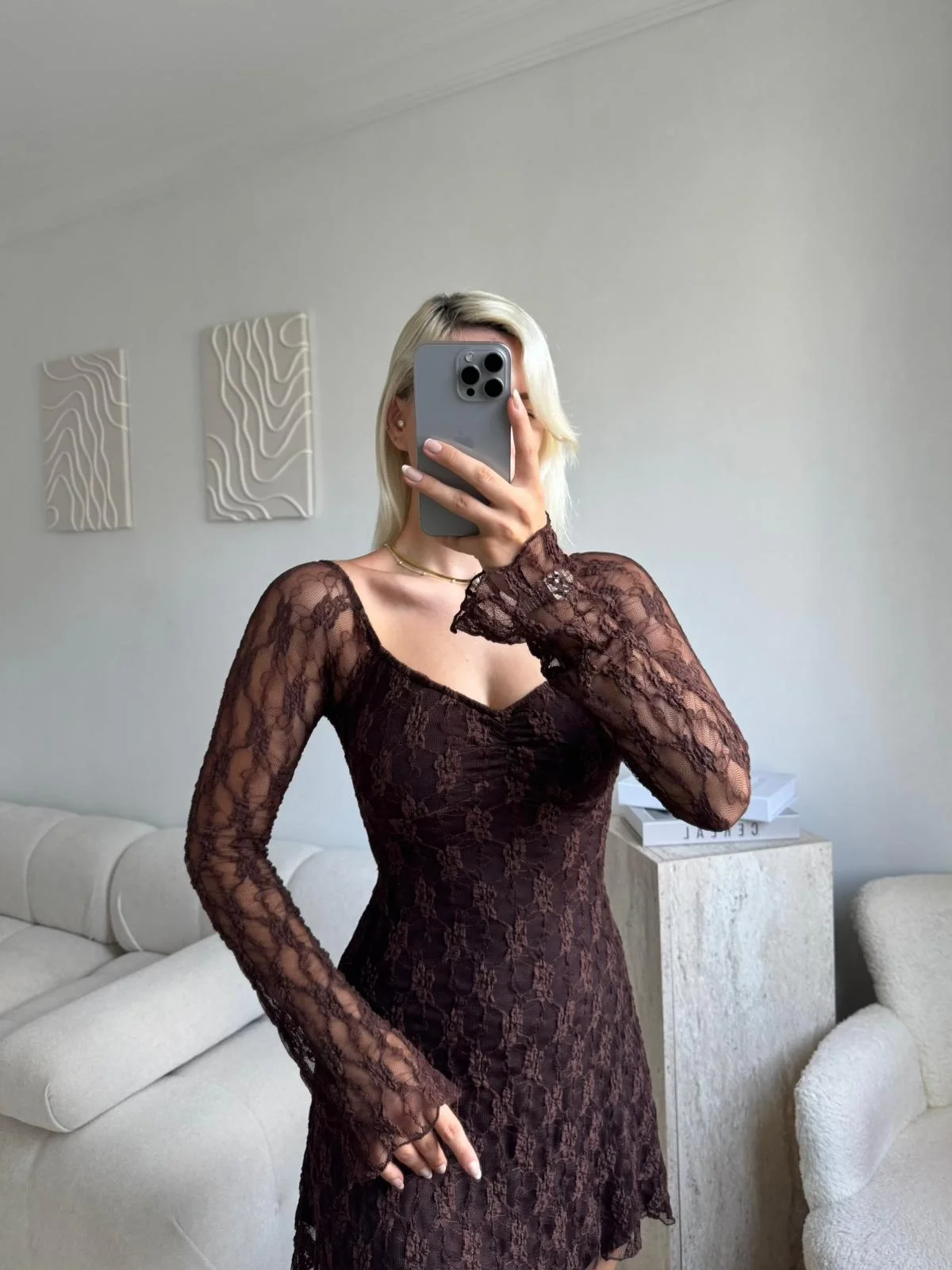 Madonna Yaka Dantel Astarlı Elbise - KAHVE