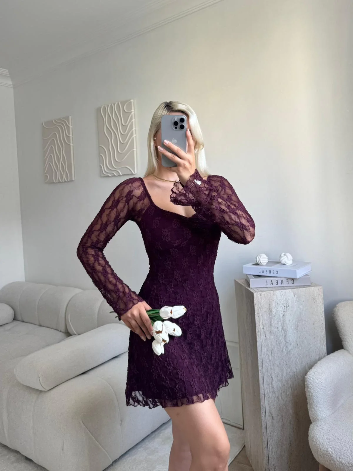 Madonna Yaka Dantel Astarlı Elbise - MOR