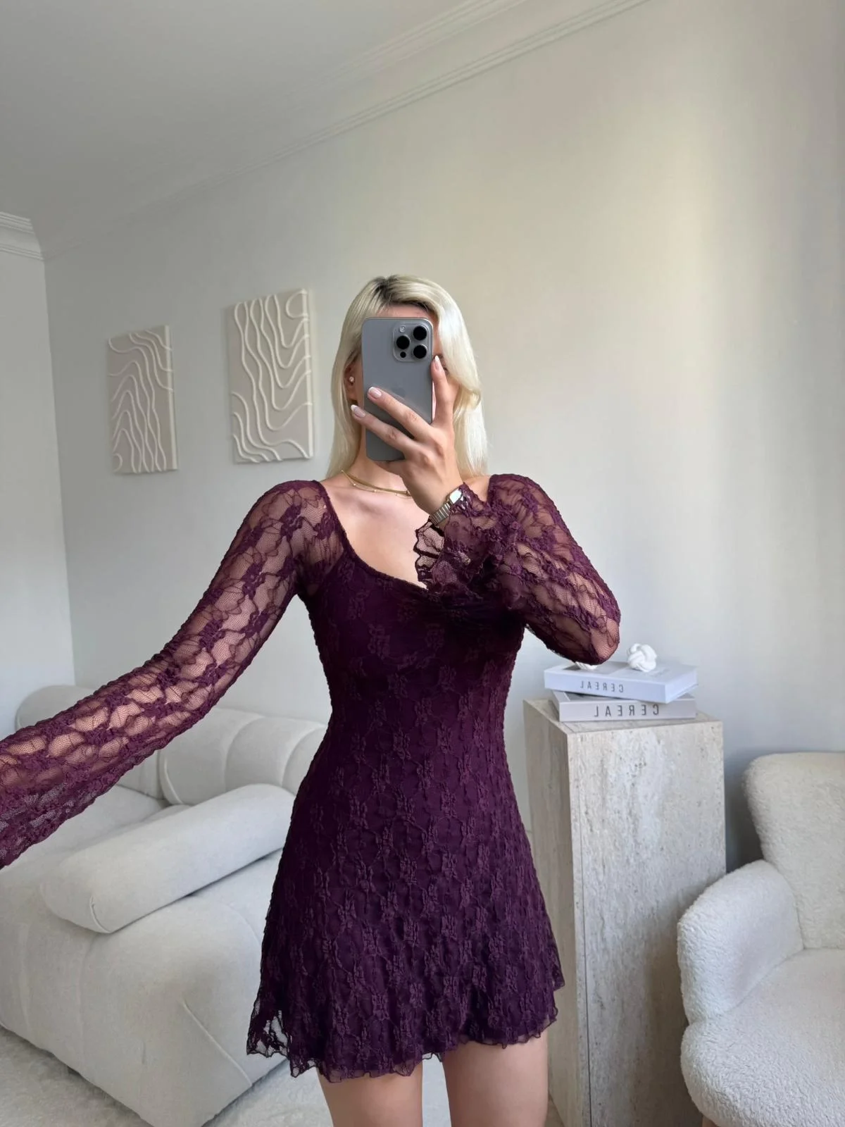 Madonna Yaka Dantel Astarlı Elbise - MOR