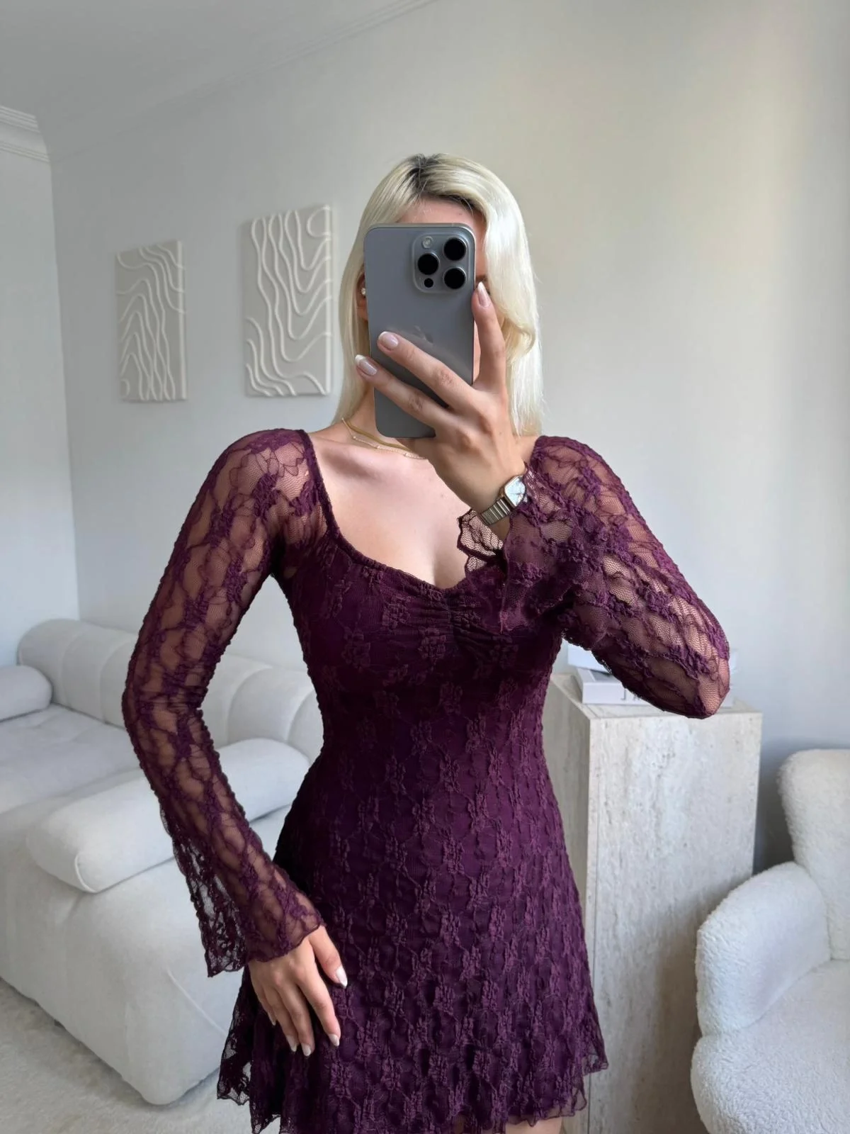 Madonna Yaka Dantel Astarlı Elbise - MOR