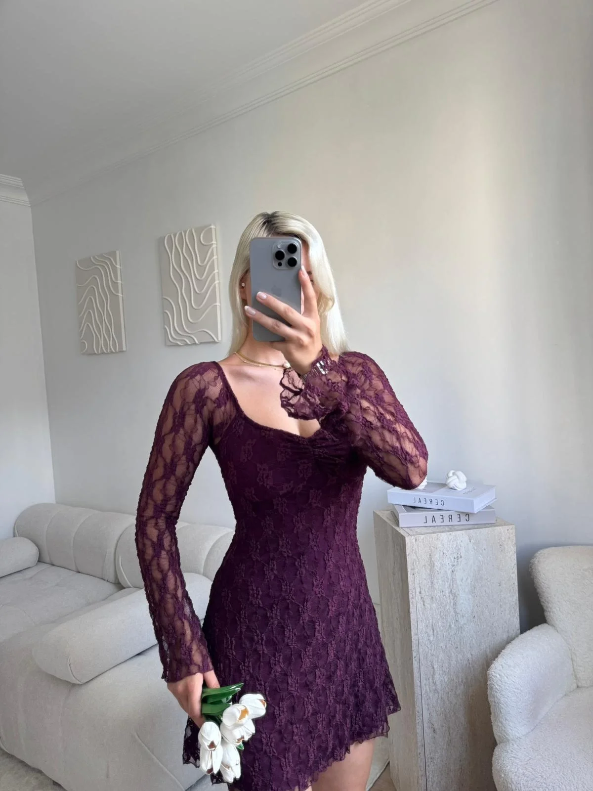 Madonna Yaka Dantel Astarlı Elbise - MOR