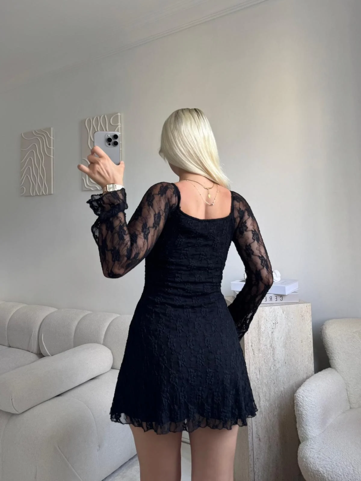 Madonna Yaka Dantel Astarlı Elbise - SİYAH