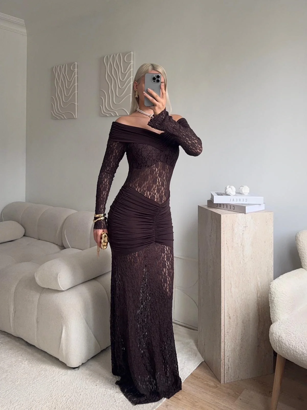 Madonna Yaka Dantel Elbise - KAHVE