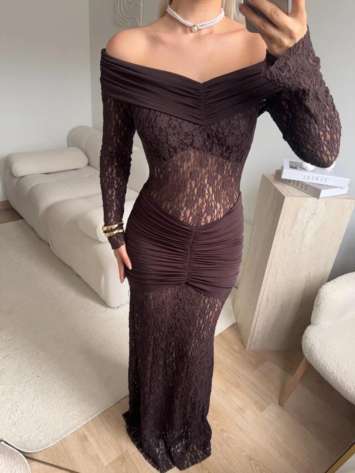 Madonna Yaka Dantel Elbise - KAHVE