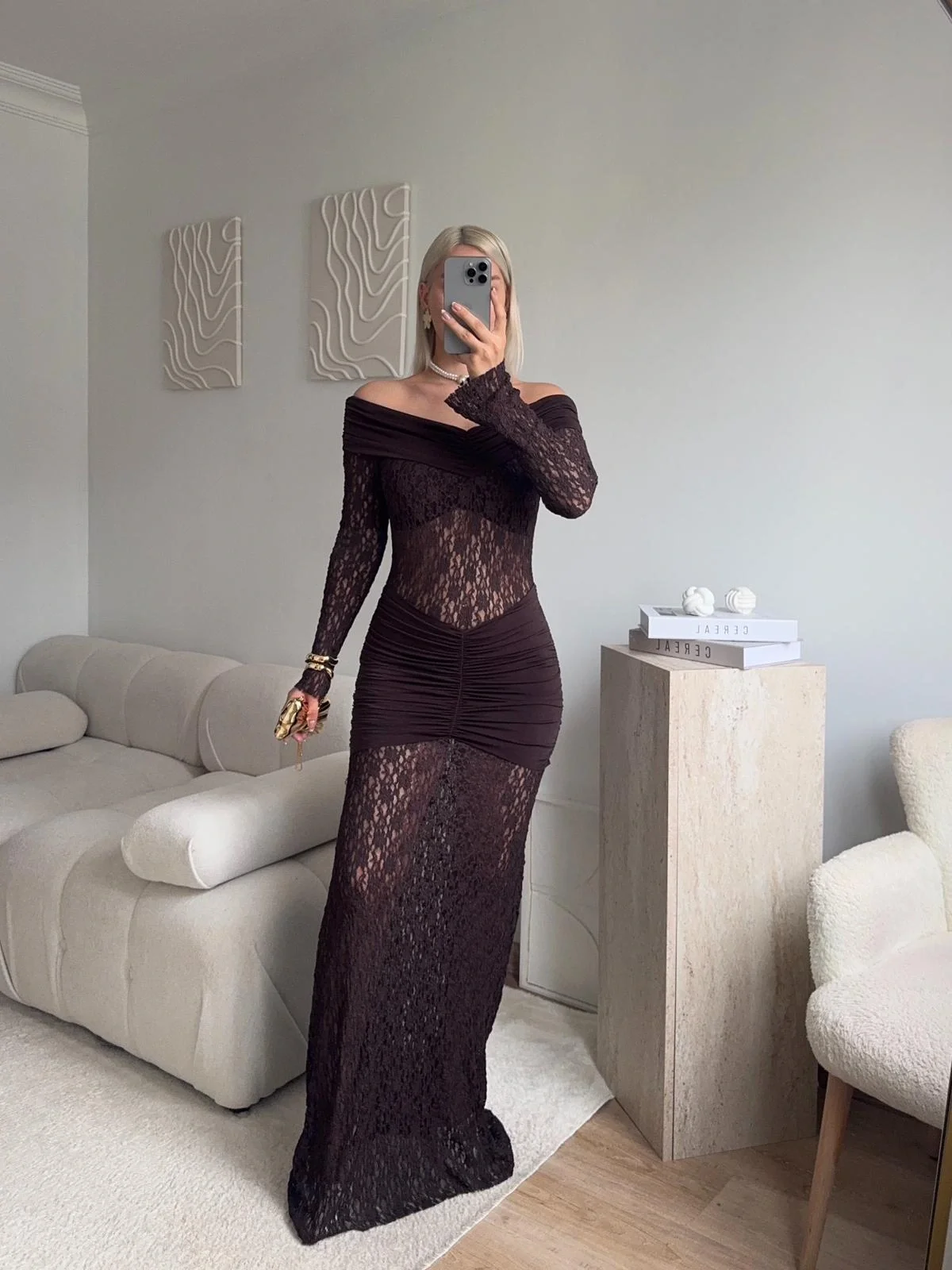 Madonna Yaka Dantel Elbise - KAHVE