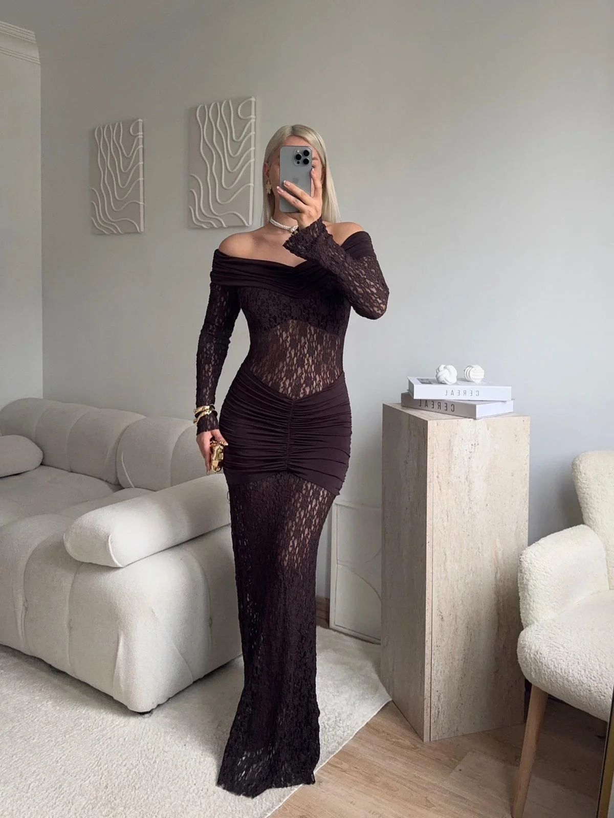 Madonna Yaka Dantel Elbise - KAHVE