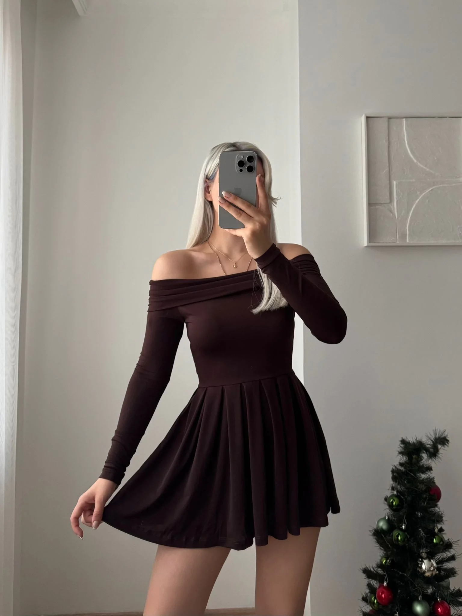 Madonna Yaka Pileli Elbise - ACI KAHVE