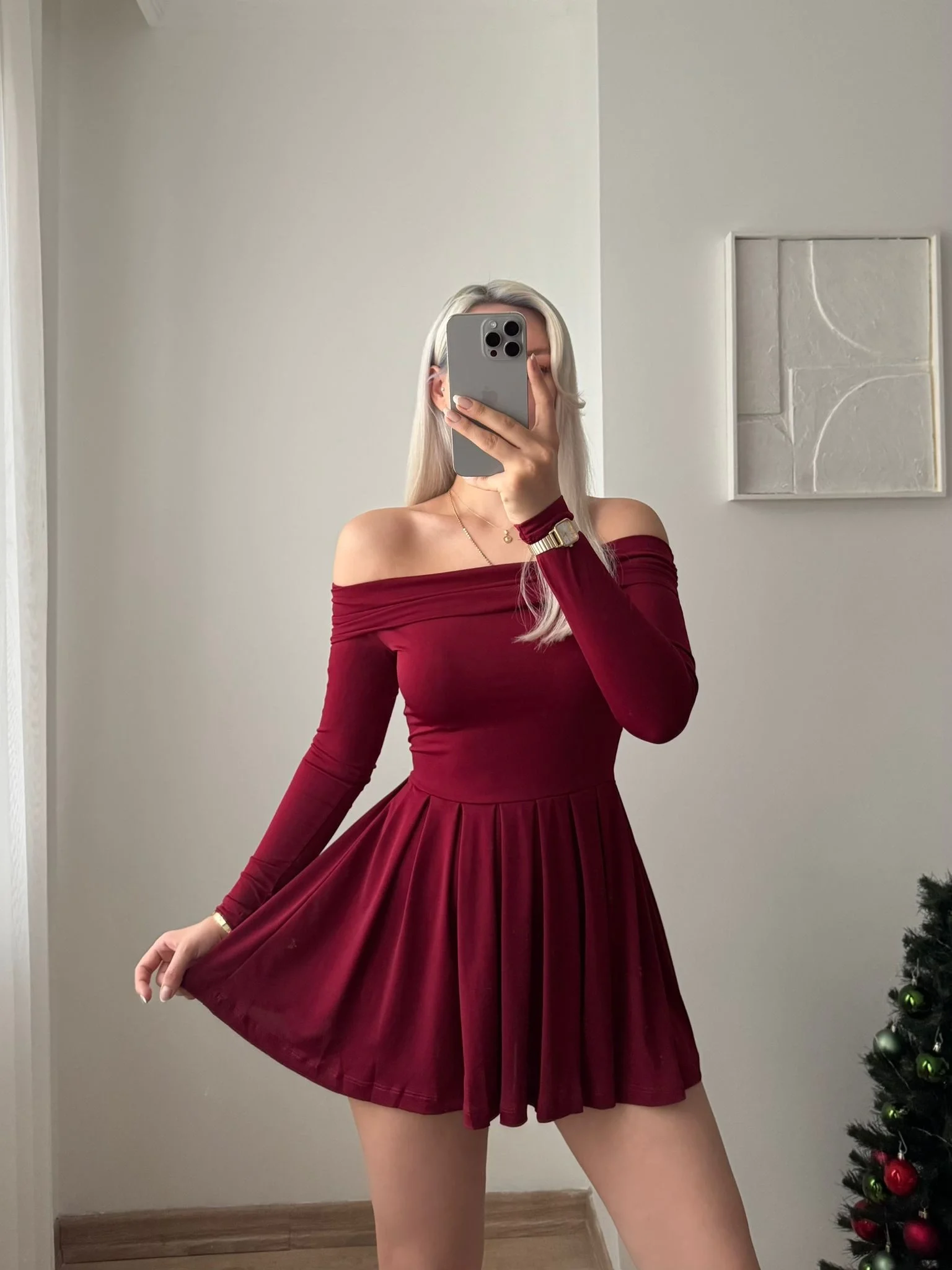 Madonna Yaka Pileli Elbise - BORDO