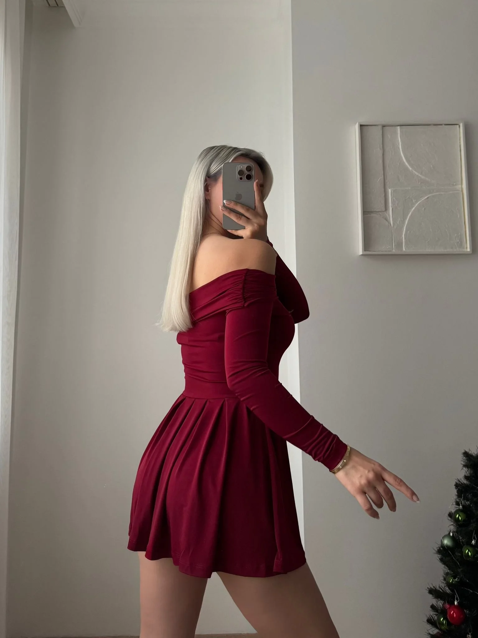 Madonna Yaka Pileli Elbise - BORDO