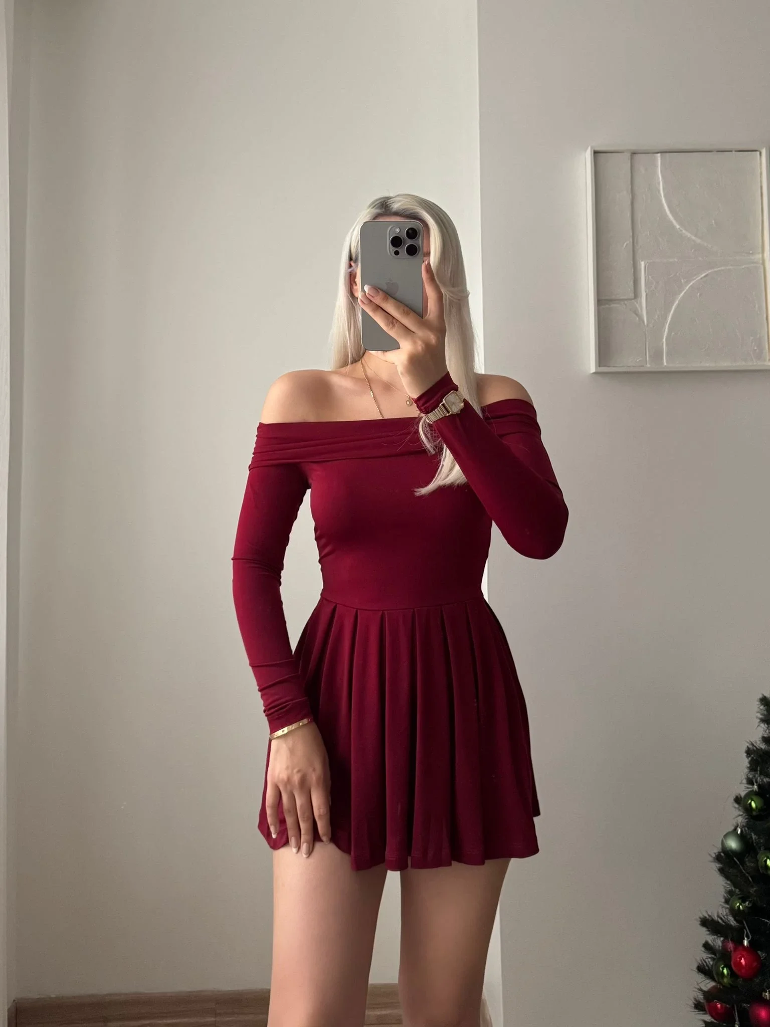 Madonna Yaka Pileli Elbise - BORDO