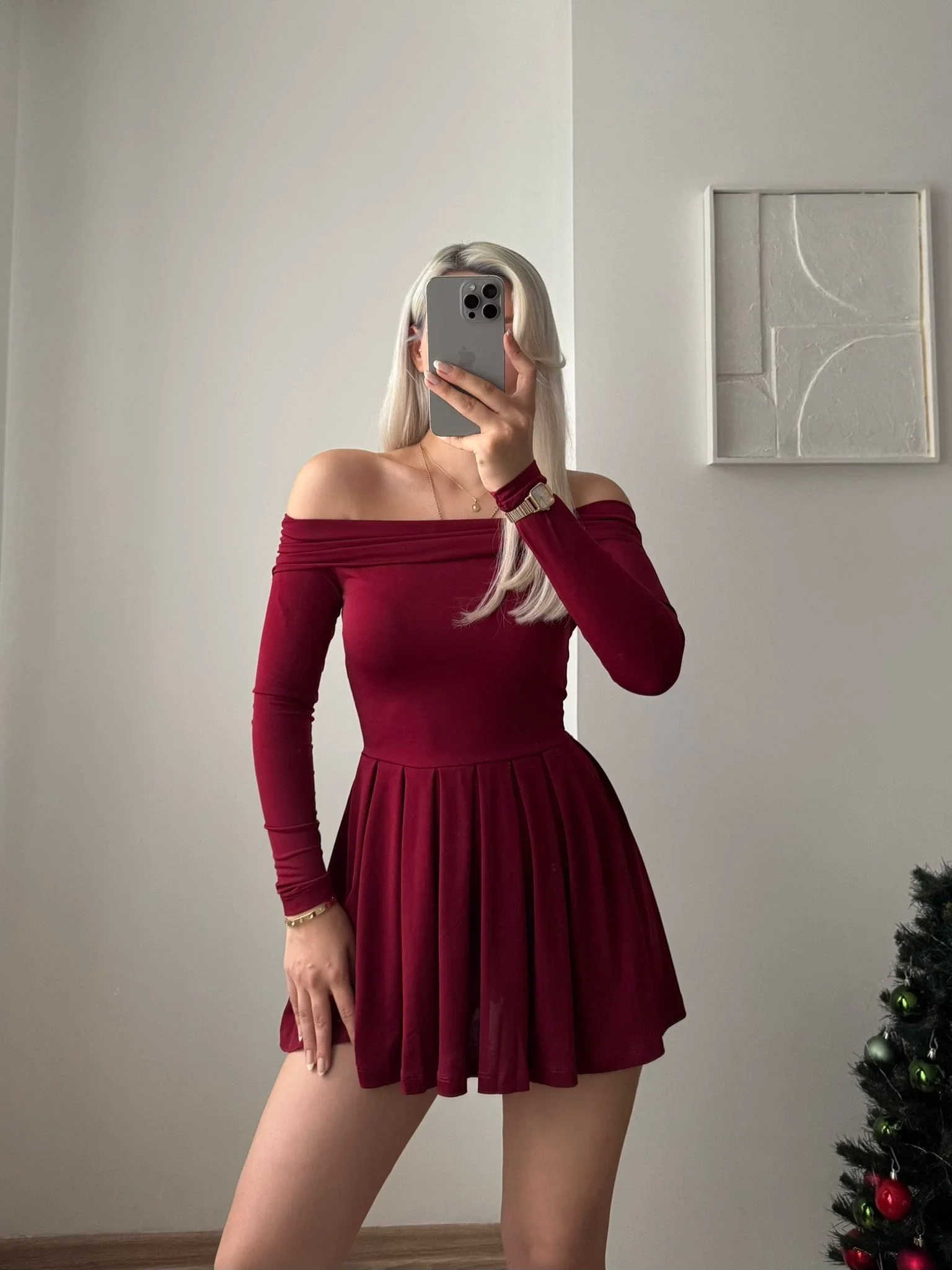 Madonna Yaka Pileli Elbise - BORDO