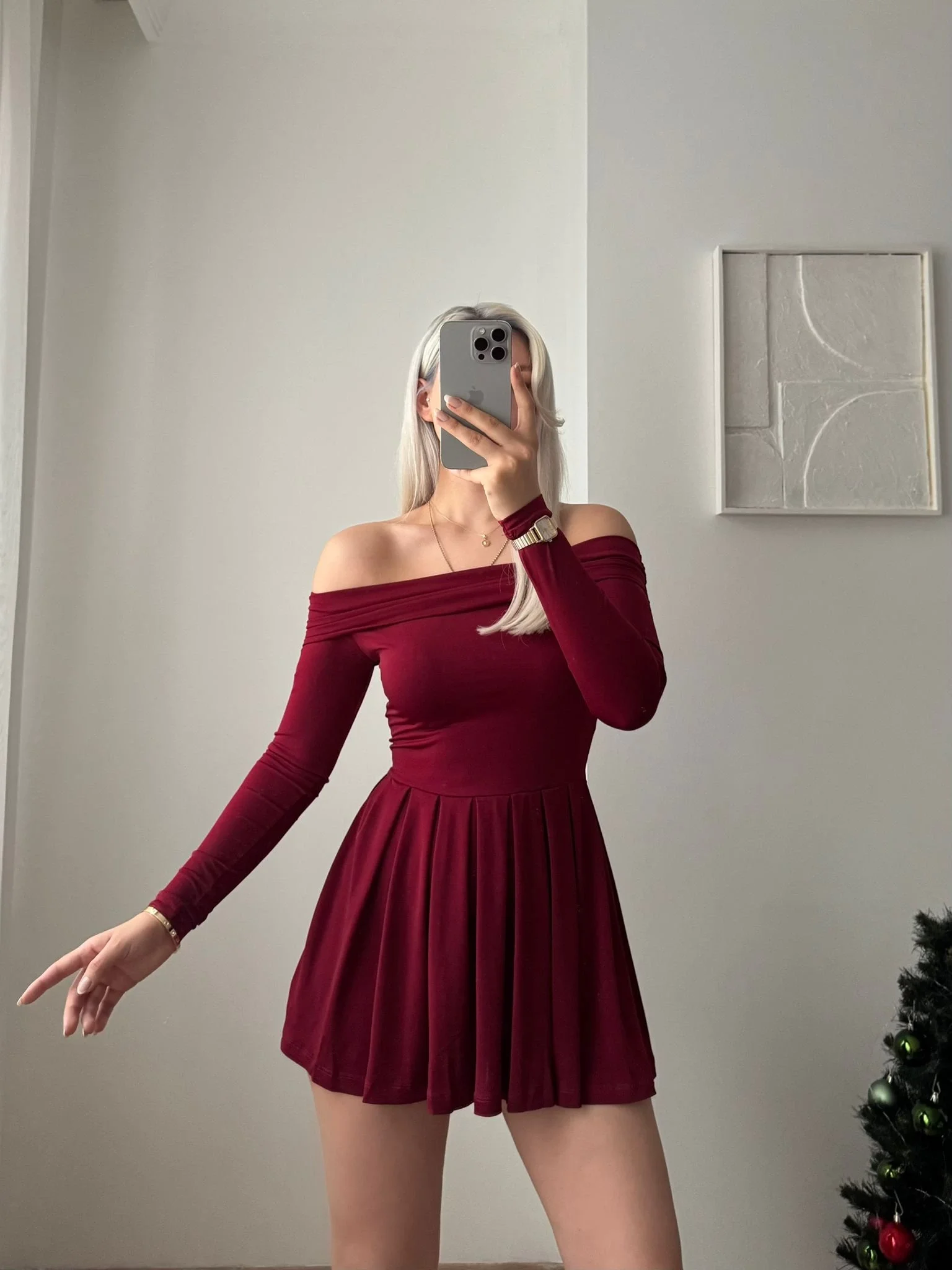 Madonna Yaka Pileli Elbise - BORDO