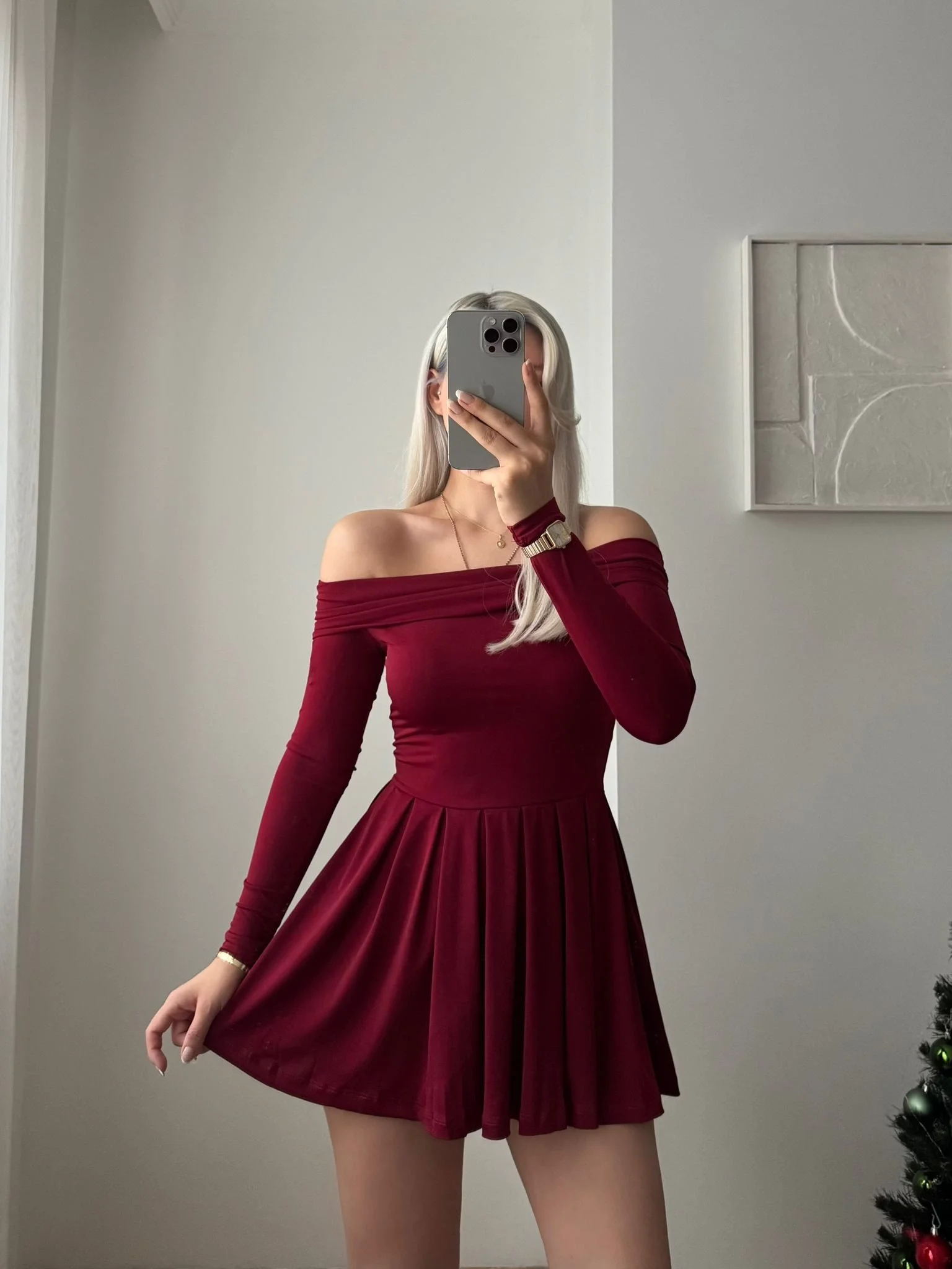 Madonna Yaka Pileli Elbise - BORDO