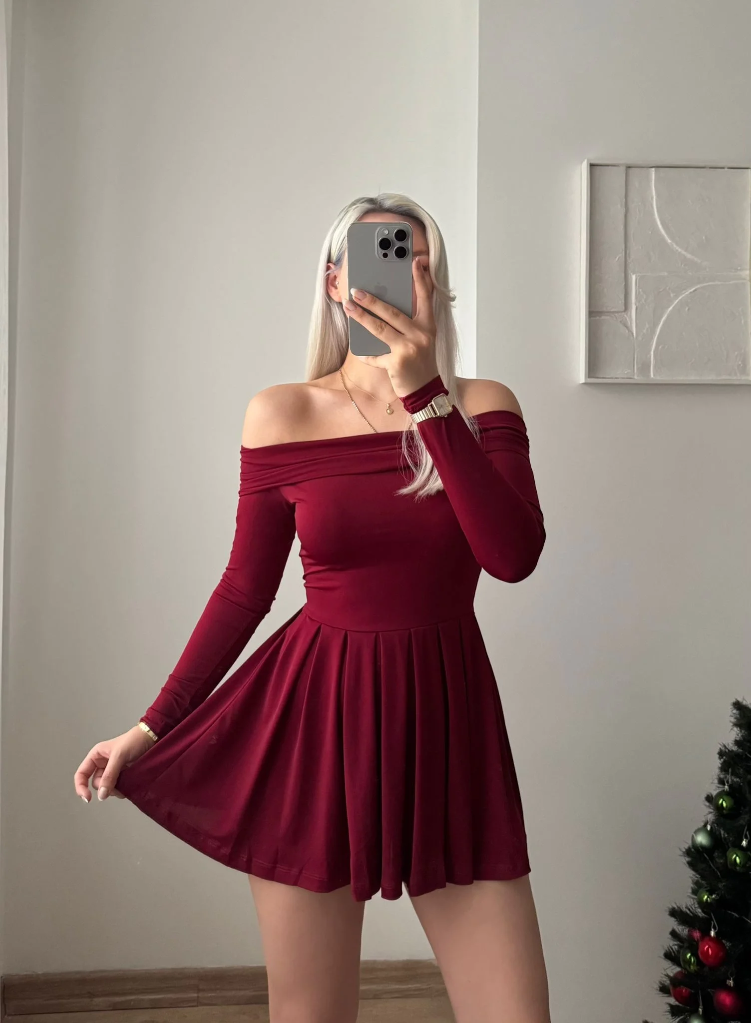 Madonna Yaka Pileli Elbise - BORDO