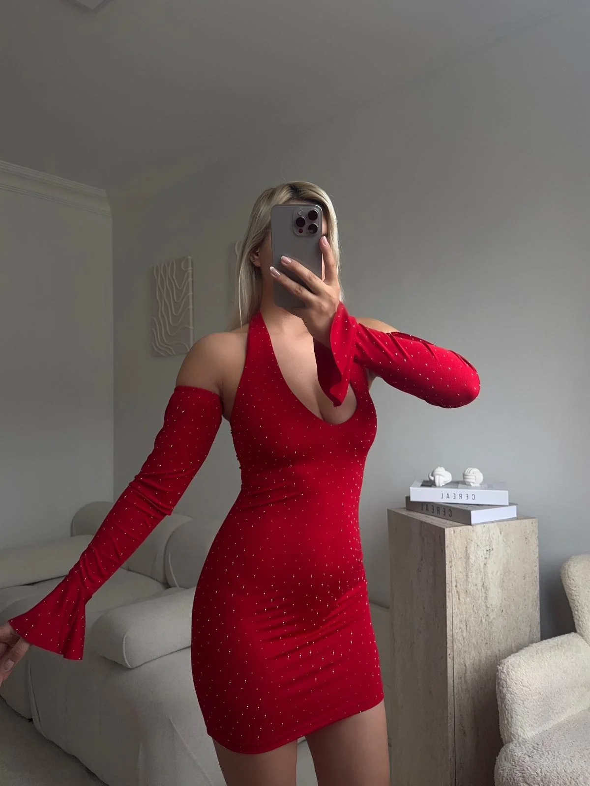 Madonna Yaka Taşlı Elbise - KIRMIZI