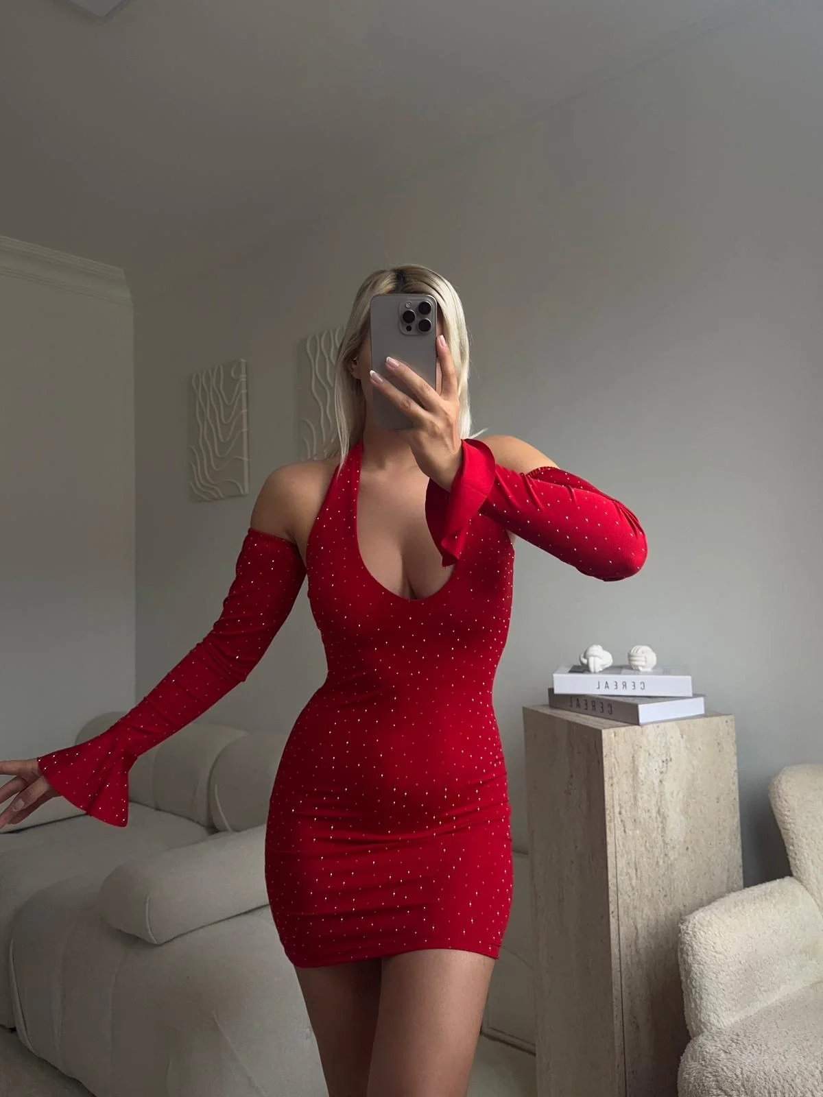 Madonna Yaka Taşlı Elbise - KIRMIZI