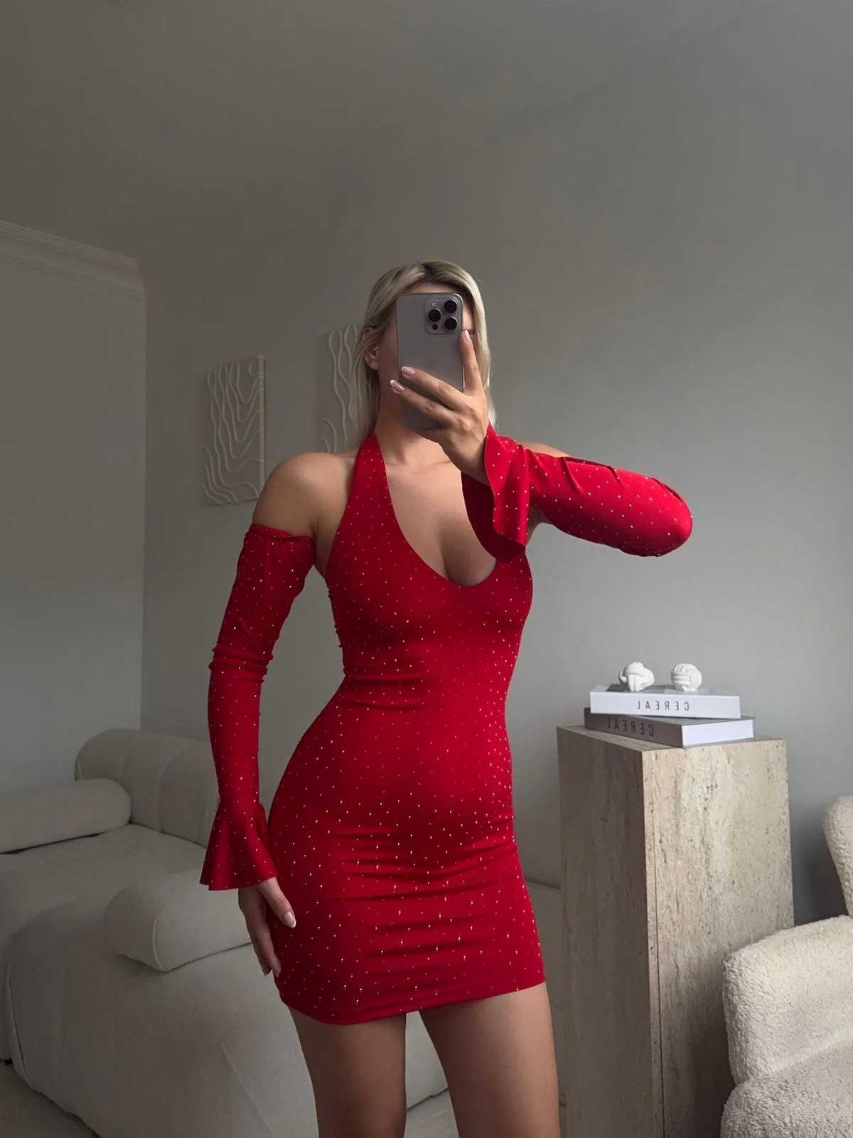 Madonna Yaka Taşlı Elbise - KIRMIZI