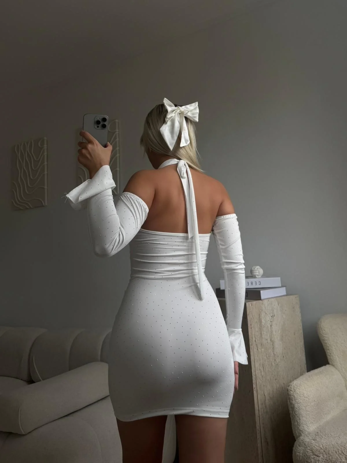 Madonna Yaka Taşlı Elbise - BEYAZ