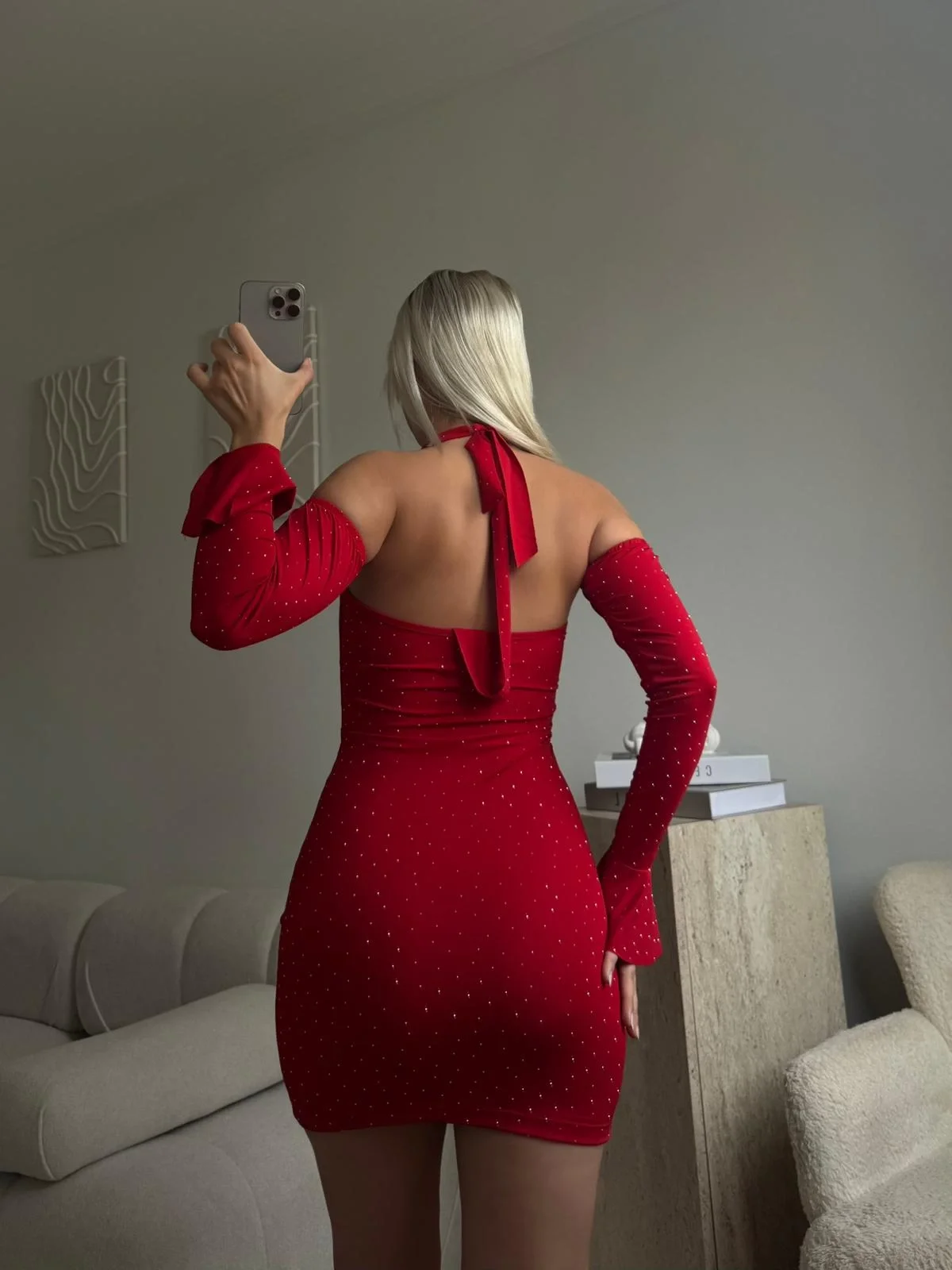 Madonna Yaka Taşlı Elbise - KIRMIZI